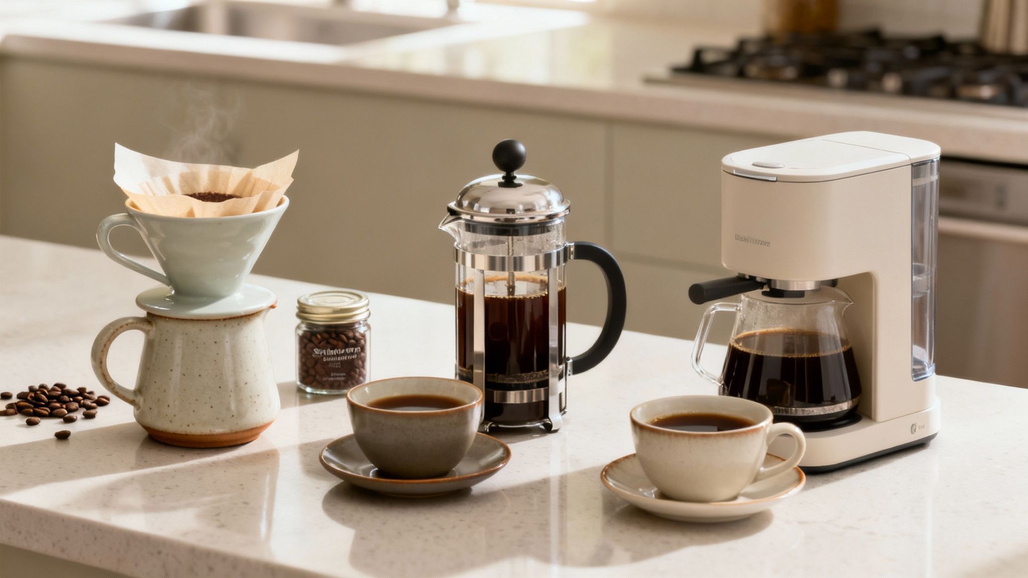 Various coffee brewing methods, including pour-over, French press, and drip, on a kitchen counter.
