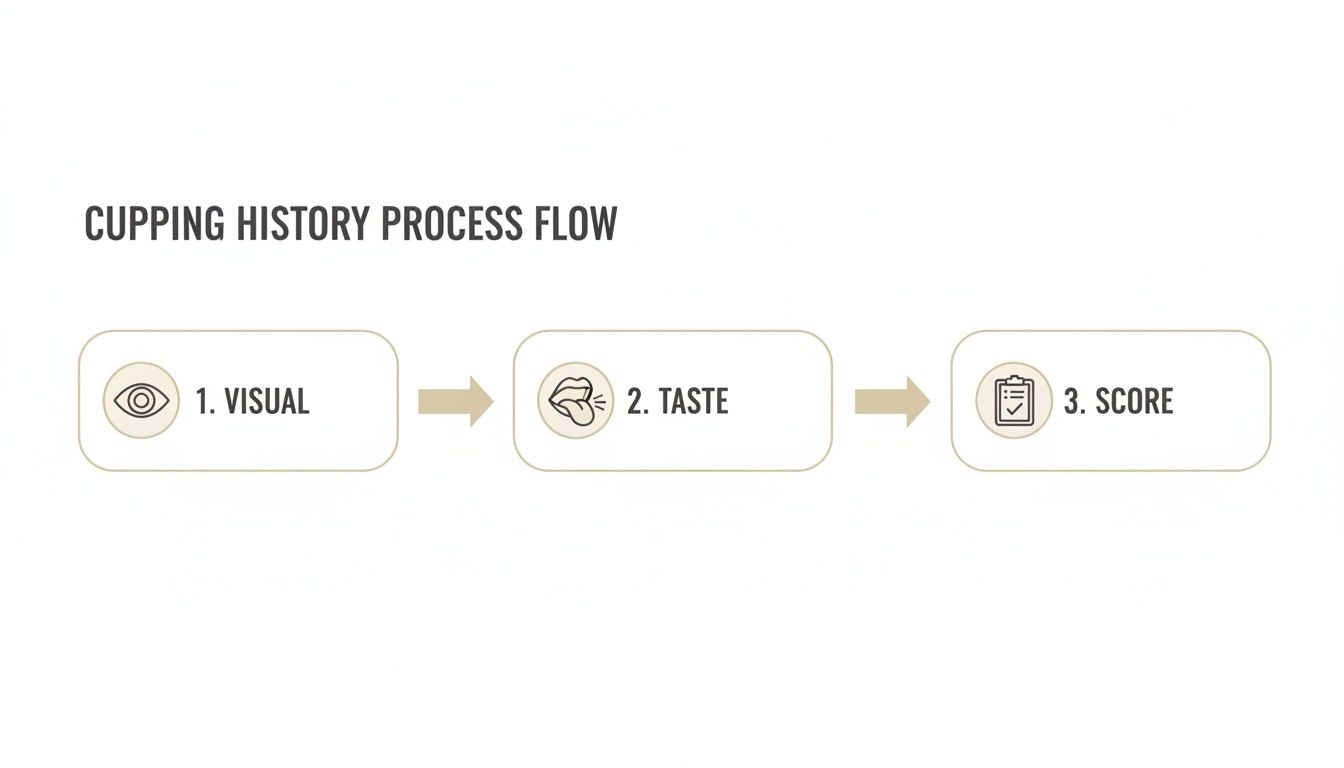 A three-step process flow diagram illustrating coffee cupping history, showing visual, taste, and scoring stages.
