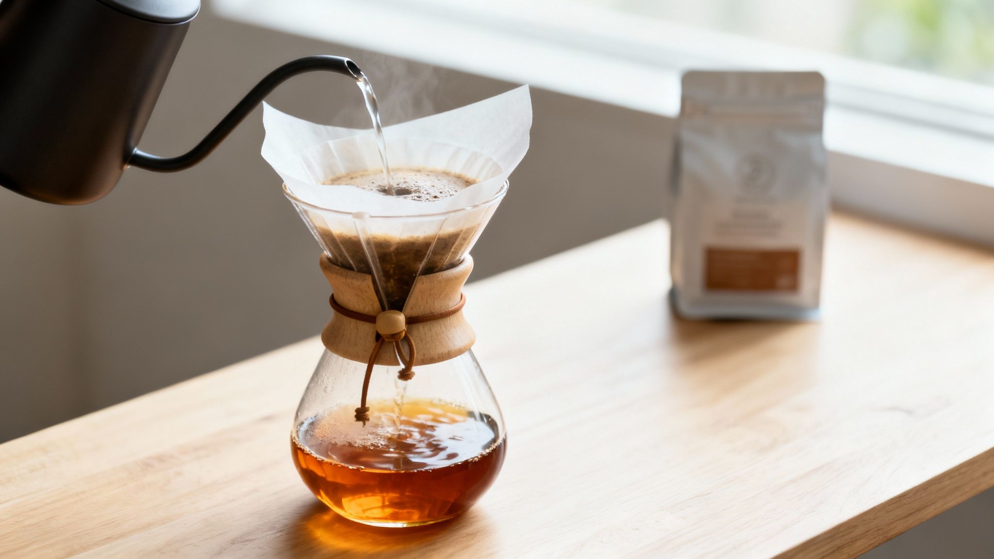 A black gooseneck kettle pouring hot water into a Chemex coffee maker, brewing pour-over coffee on a wooden table.