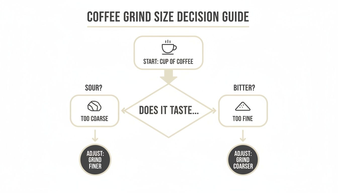 A coffee grind size decision guide flowchart showing how to adjust grind based on sour or bitter taste.