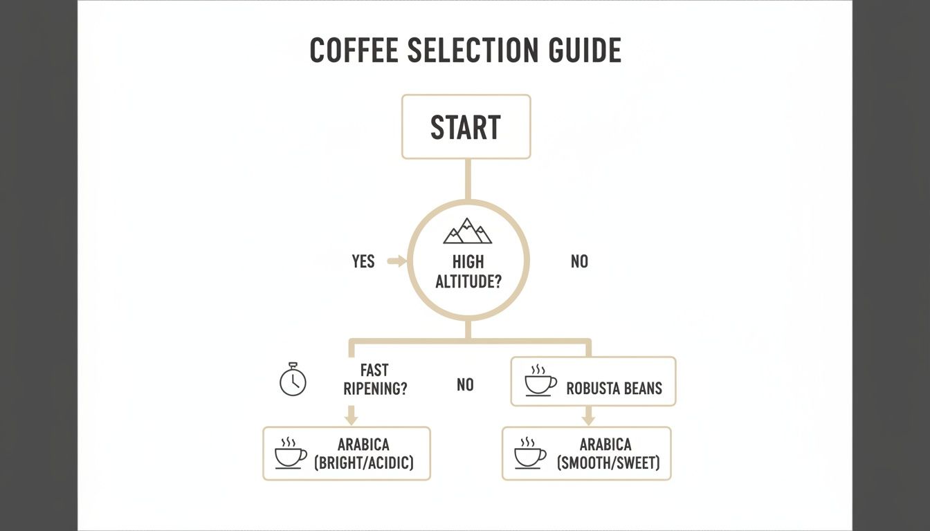Flowchart for a coffee selection guide, differentiating Arabica (bright/acidic, smooth/sweet) and Robusta beans.