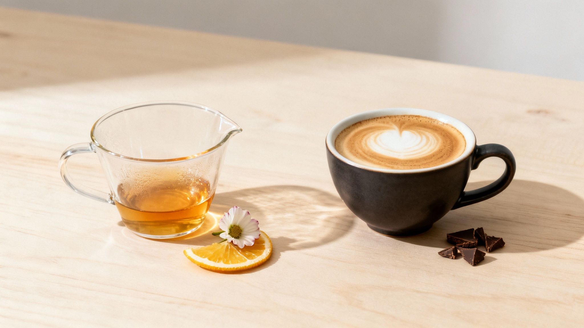 A coffee latte and tea alongside an orange slice, flower, and chocolate on a wooden table.