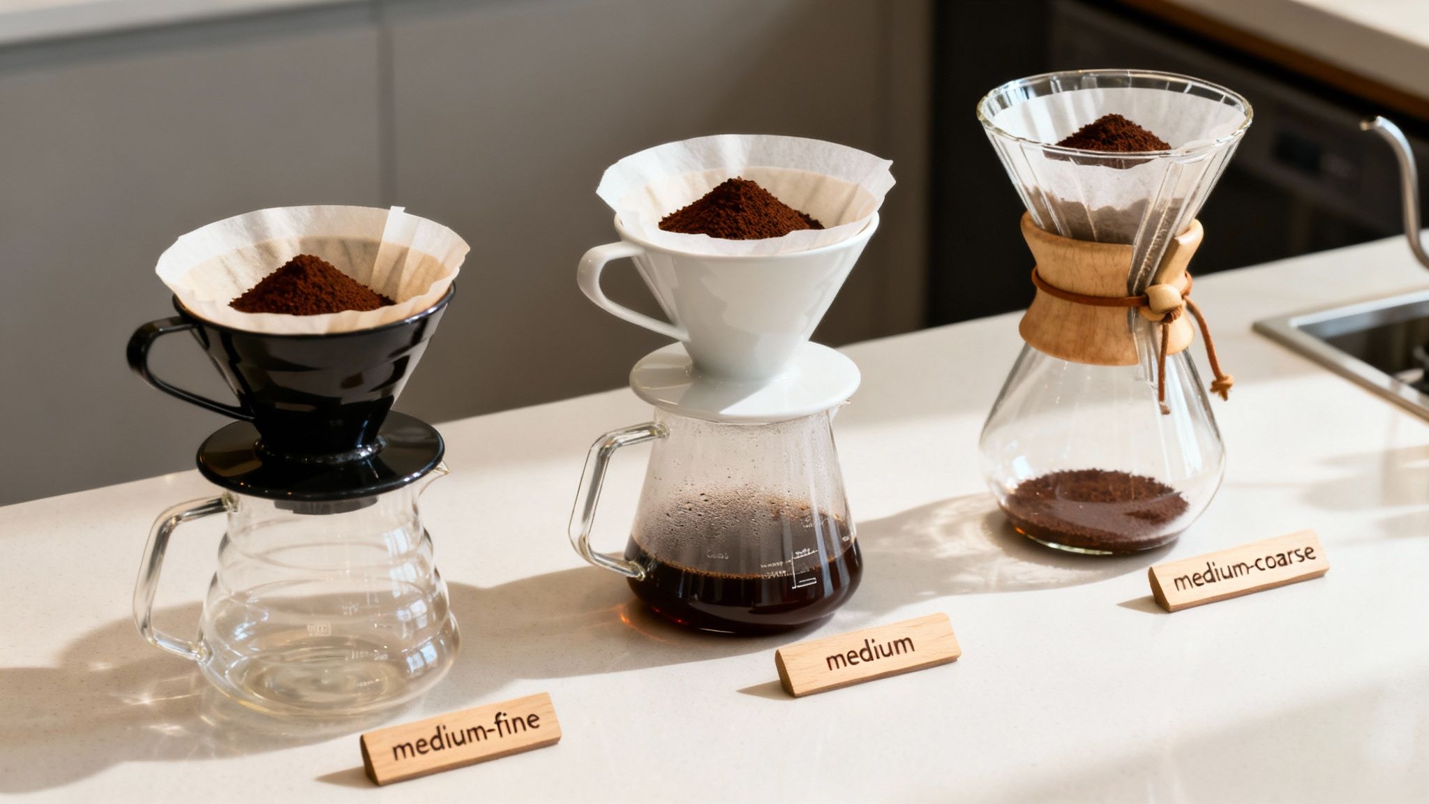 Different pour-over coffee grind sizes displayed on a counter with labelled wooden blocks.