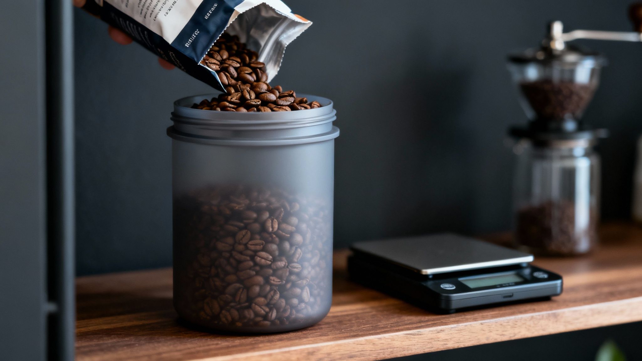 A hand pours fresh roasted coffee beans from a bag into a frosted storage container.