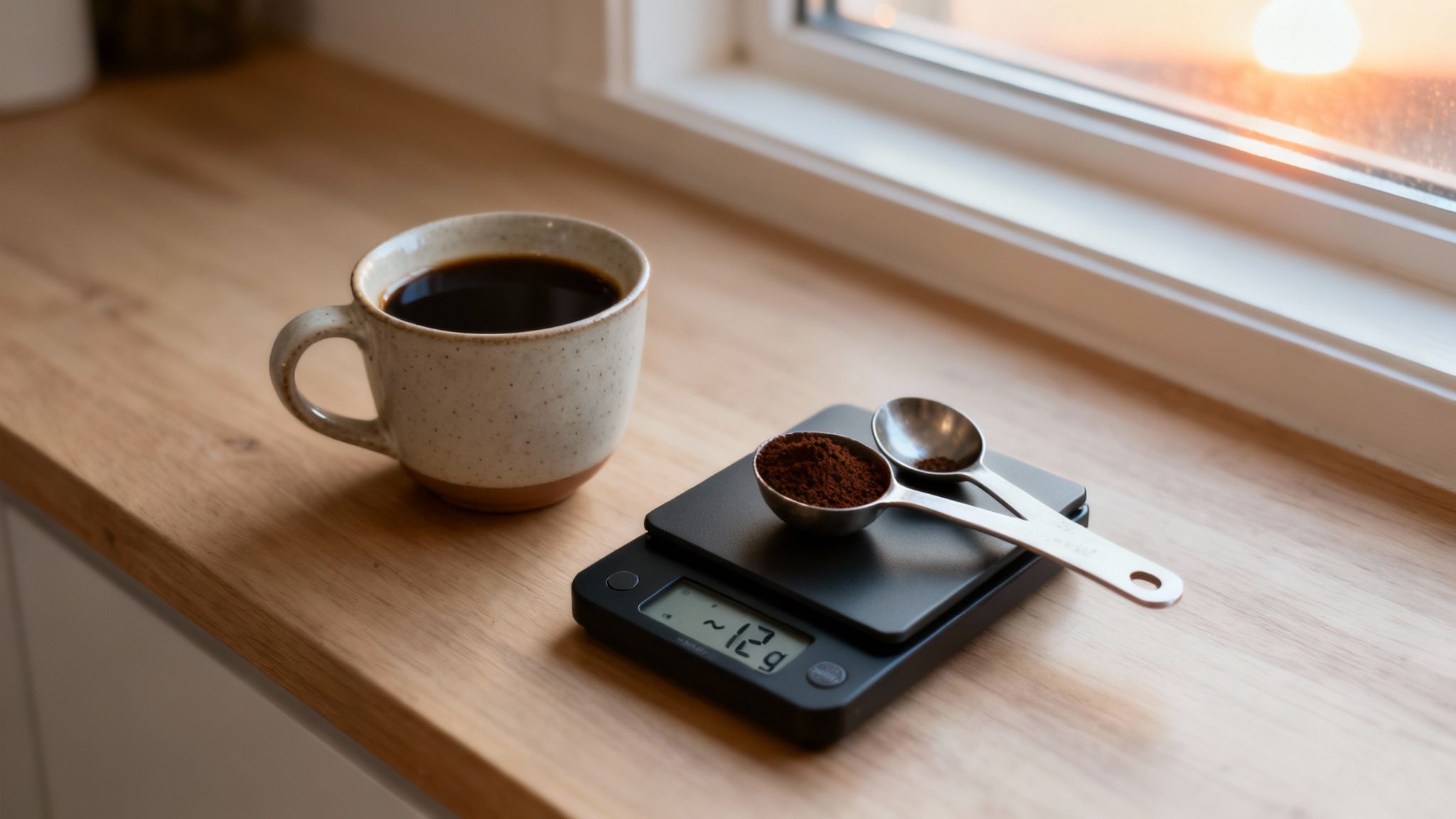 Coffee mug and a digital scale with 12g of ground coffee in a spoon on a wooden countertop.