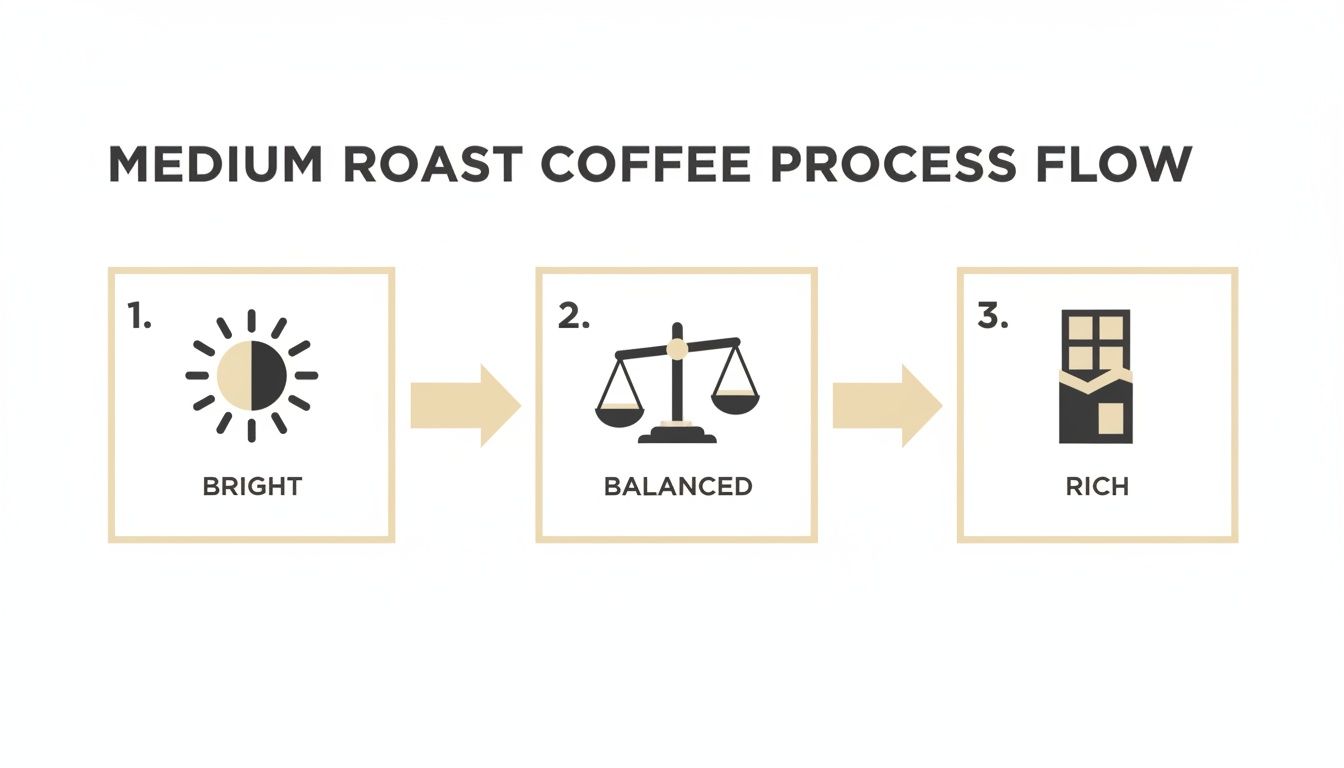 Diagram showing the medium roast coffee process with three steps: bright, balanced, and rich flavor profiles.