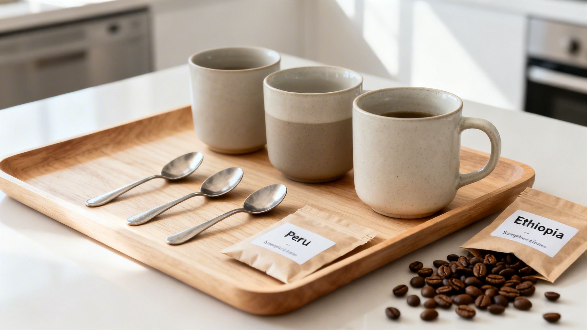 Three cups of coffee and spoons on a wooden tray, with coffee beans and origin bags for Peru and Ethiopia.