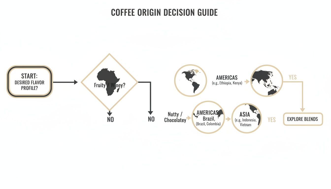 A flowchart guiding coffee lovers to choose coffee origins based on desired flavor profiles.