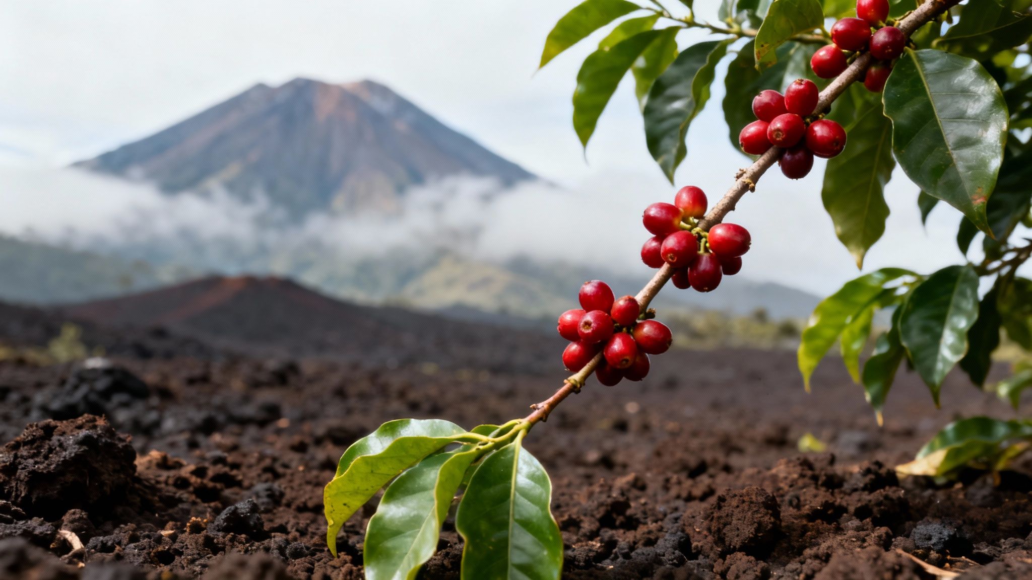 Vibrant red coffee cherries ripen on a branch, set against a misty volcano and dark volcanic soil.