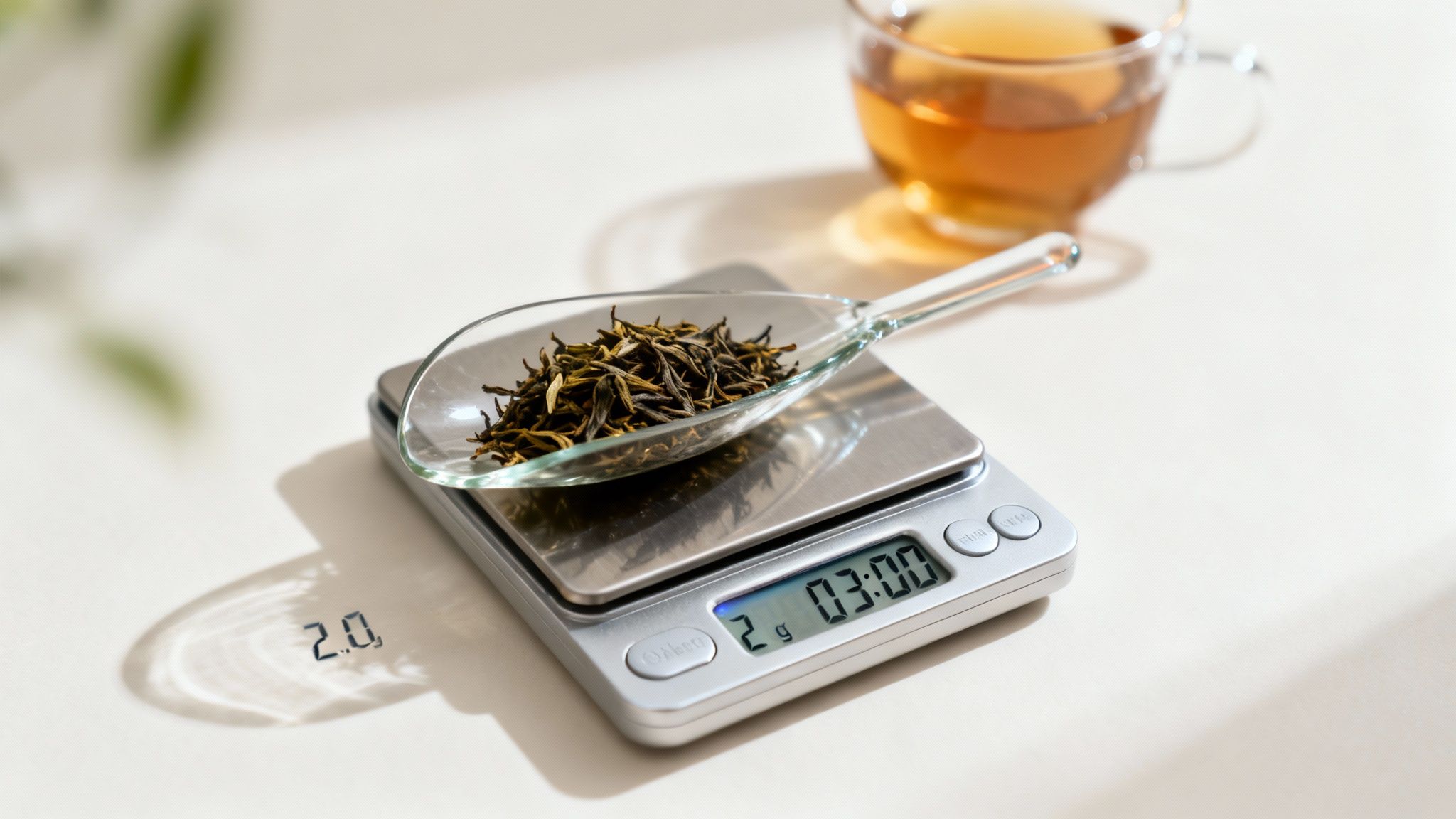 Loose leaf tea in a scoop on a digital scale showing 2g and 3:00, with a cup of brewed tea.