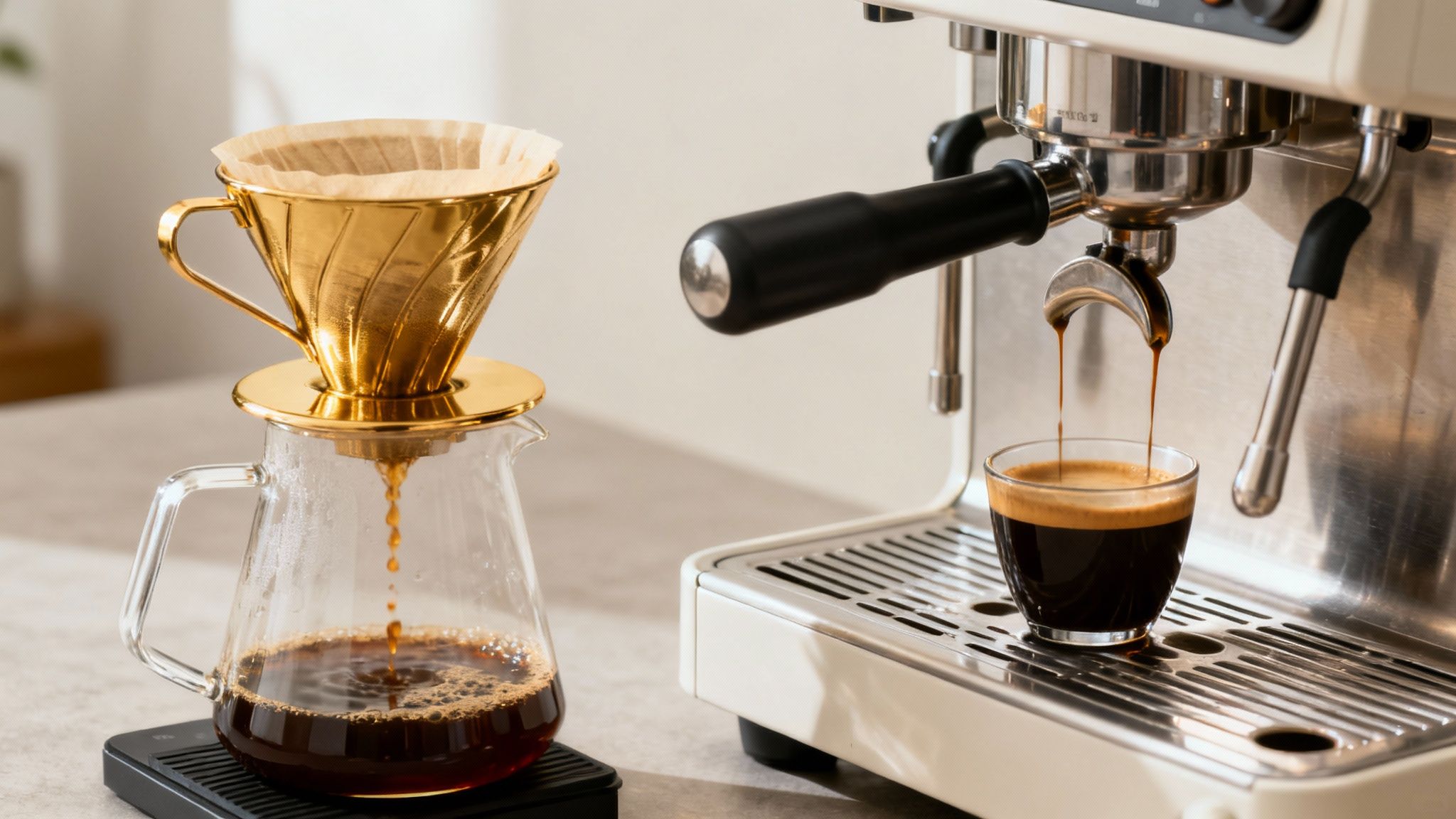 Coffee brewing setup with a golden pour-over dripper and an espresso machine making coffee.