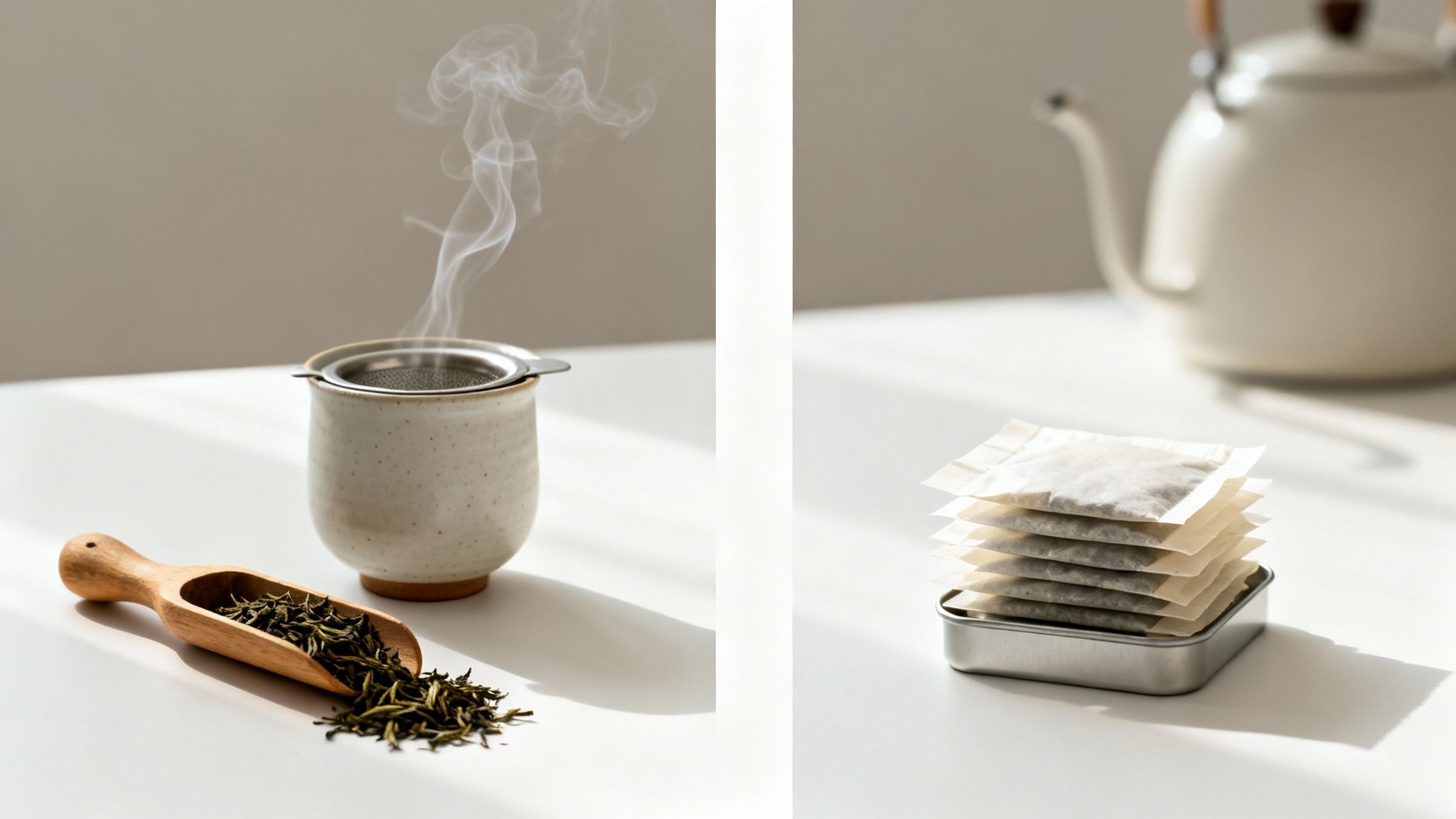 A split image shows steaming loose leaf tea with an infuser and a stack of tea bags.