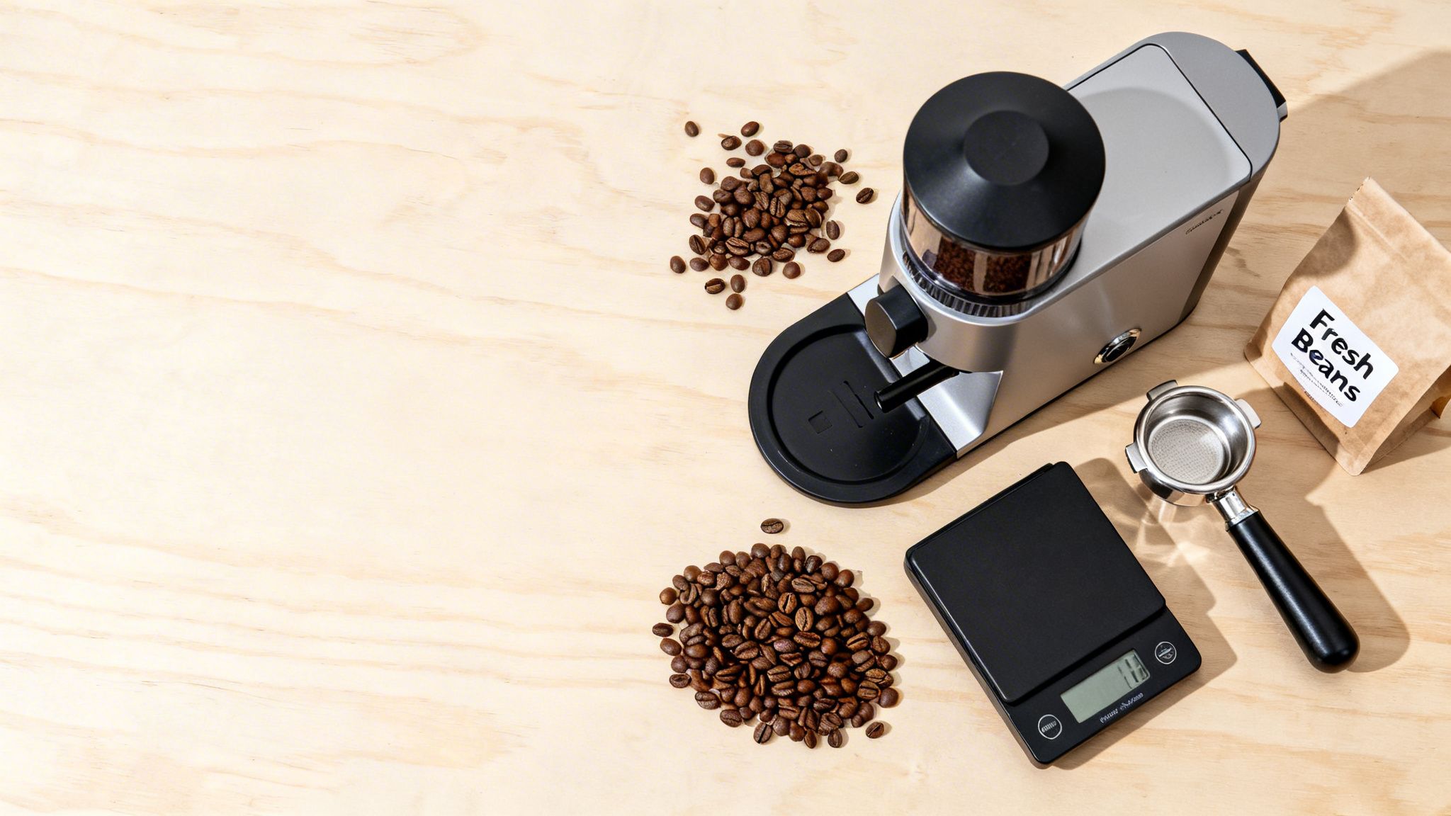 Espresso brewing setup with grinder, fresh beans, scale, and portafilter on light wood.