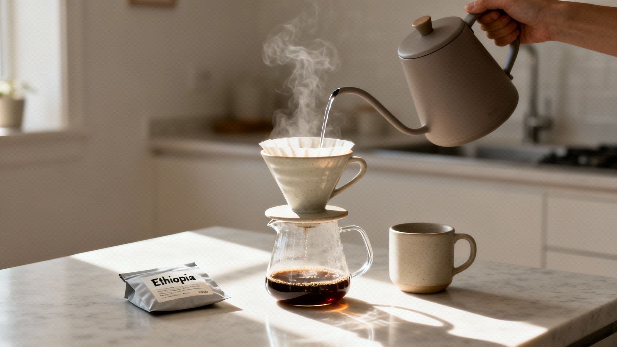 A hand pours hot water from a gooseneck kettle into a coffee pour-over setup, brewing fresh coffee.