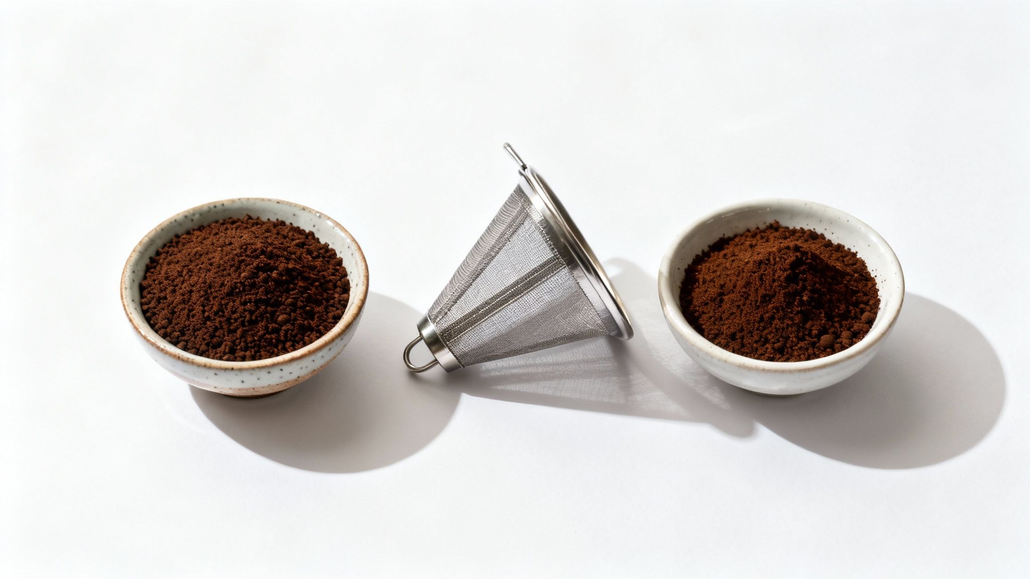 Two bowls of finely ground coffee and a reusable metal coffee filter on a white surface.