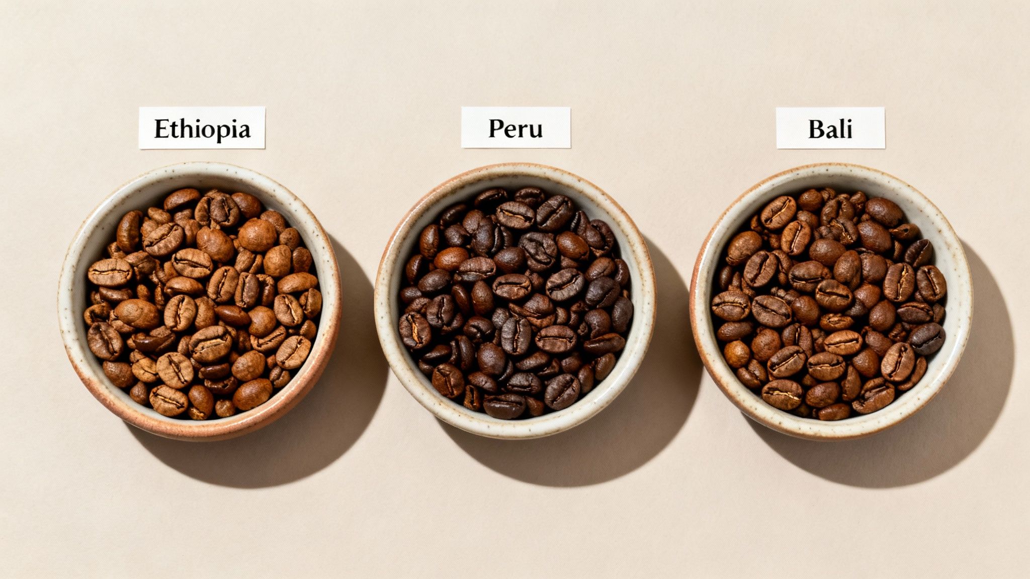 Three bowls display roasted coffee beans from Ethiopia, Peru, and Bali, showcasing different roasts.