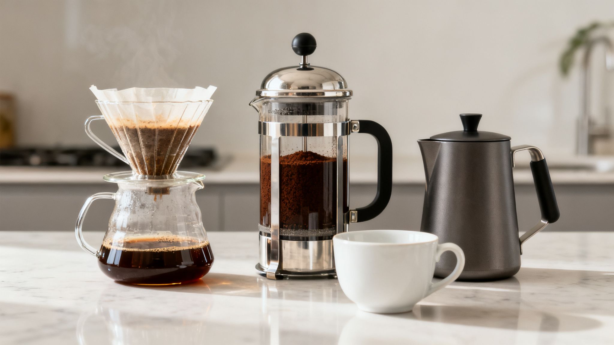 Fresh coffee brewing on a marble counter with a pour-over, French press, and kettle.