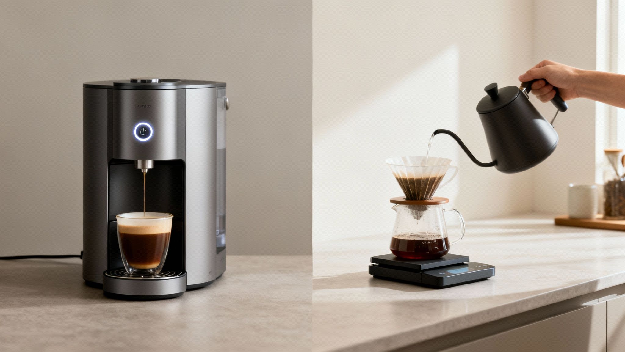 Side-by-side comparison of automatic coffee machine brewing espresso and manual pour-over coffee.