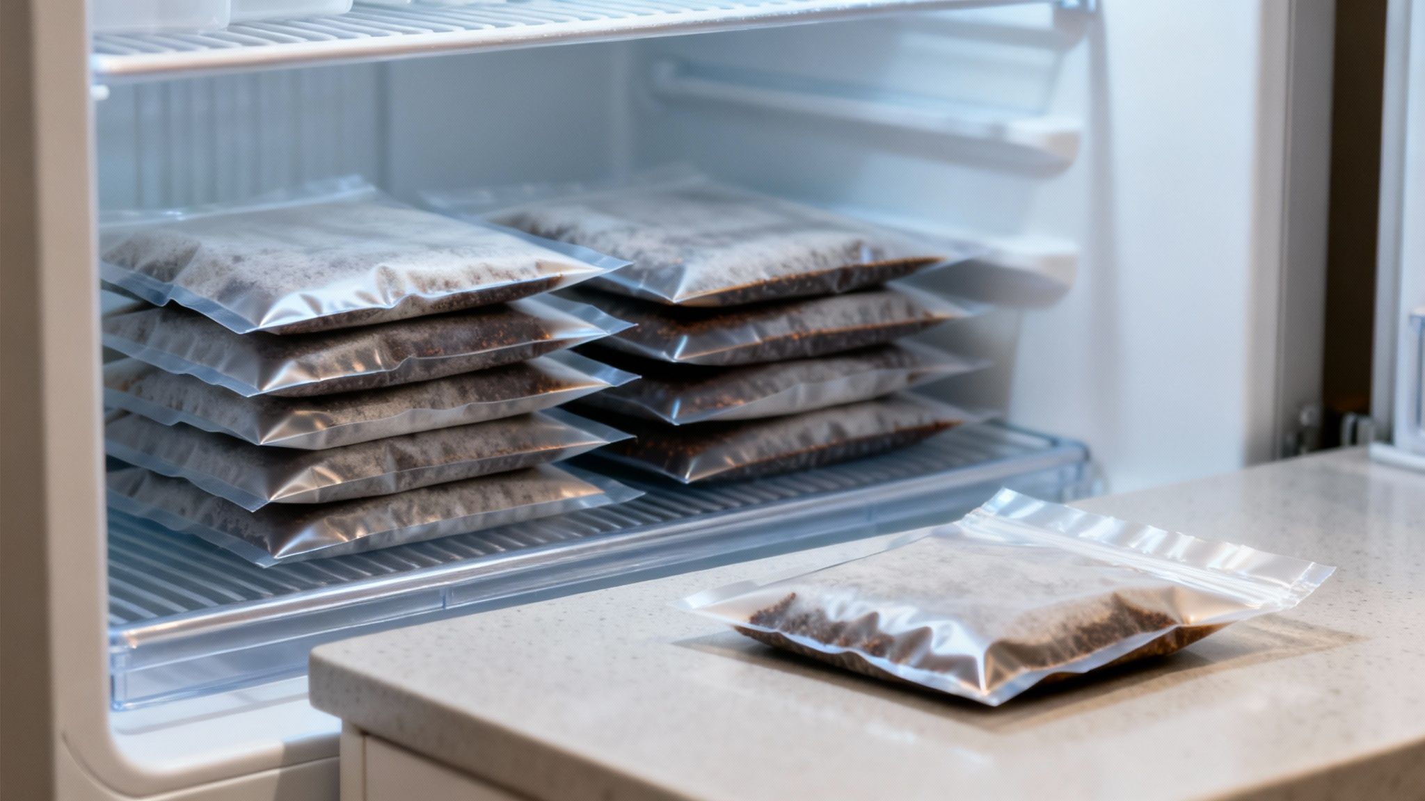 Clear bags of ground coffee beans are neatly stacked inside an open freezer and on a counter.