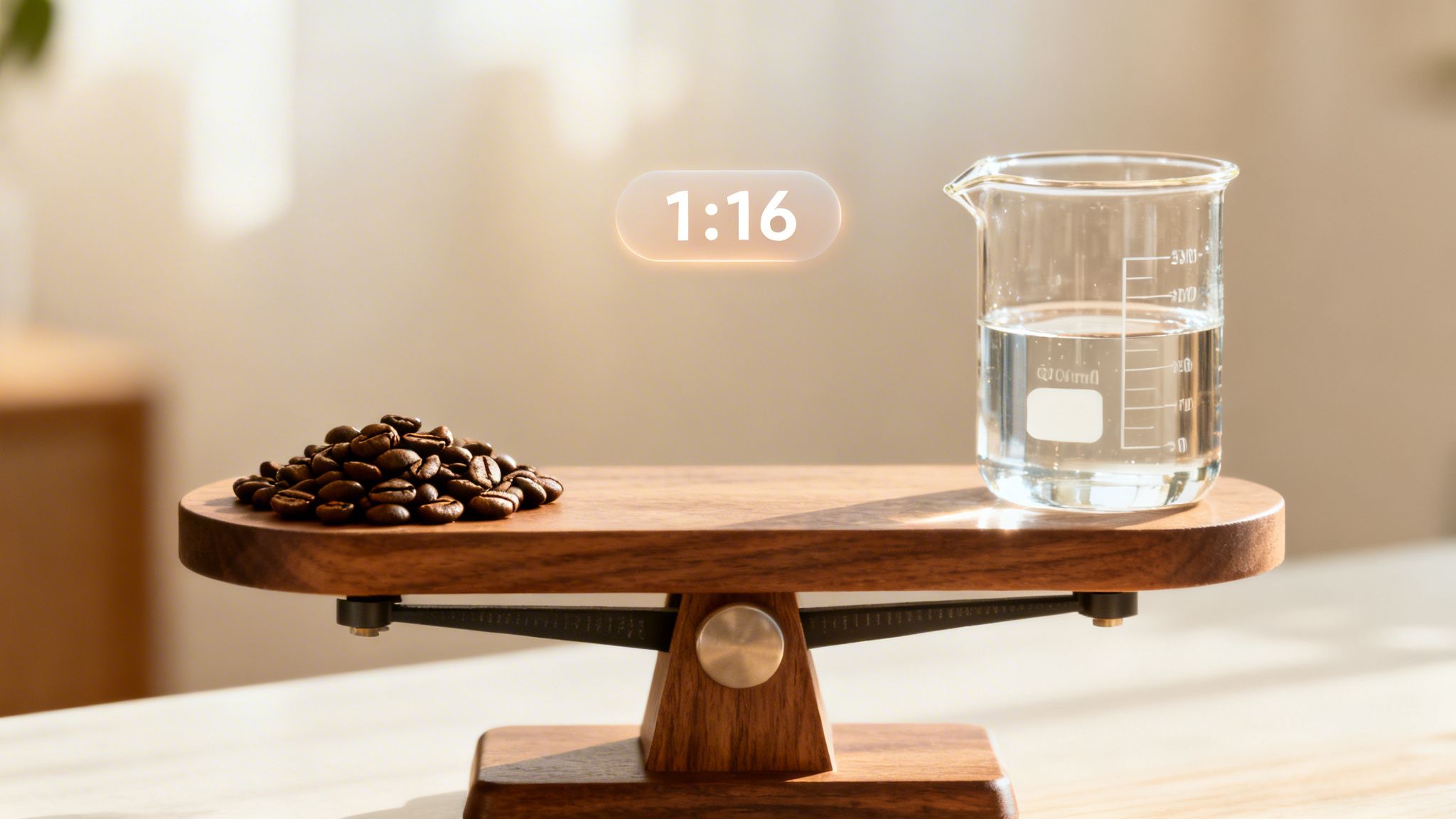 Coffee beans and water in a beaker on a wooden scale, displaying a 1:16 ratio.