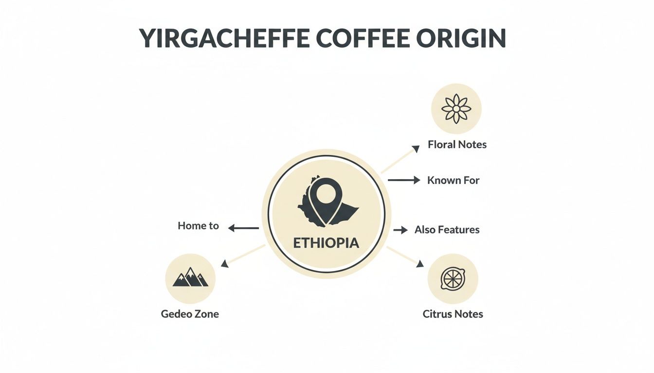 Infographic detailing Yirgacheffe coffee origin from Ethiopia, known for floral and citrus notes, home to Gedeo Zone.