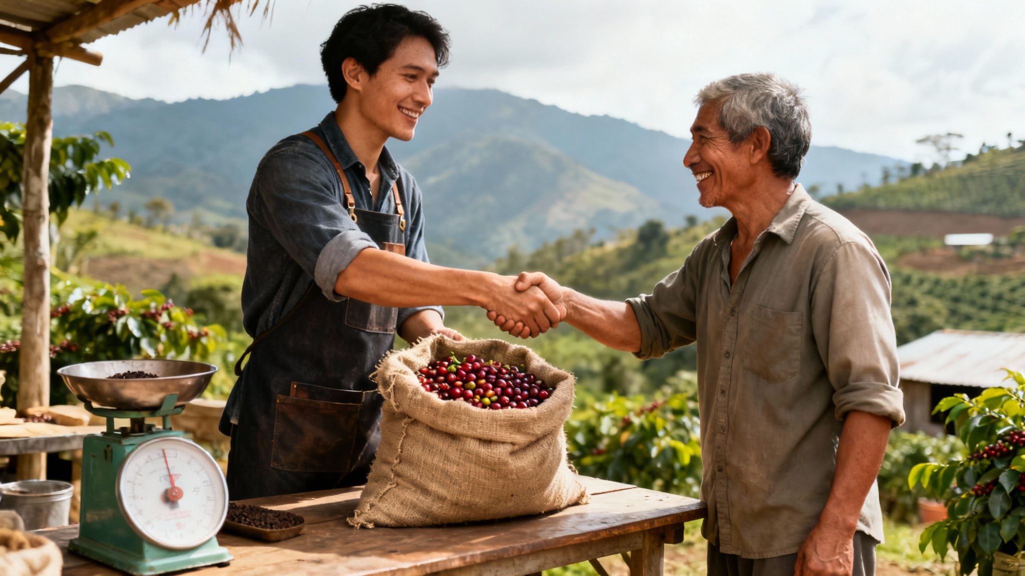 Happy coffee farmer and buyer shaking hands over a sack of fresh coffee cherries.