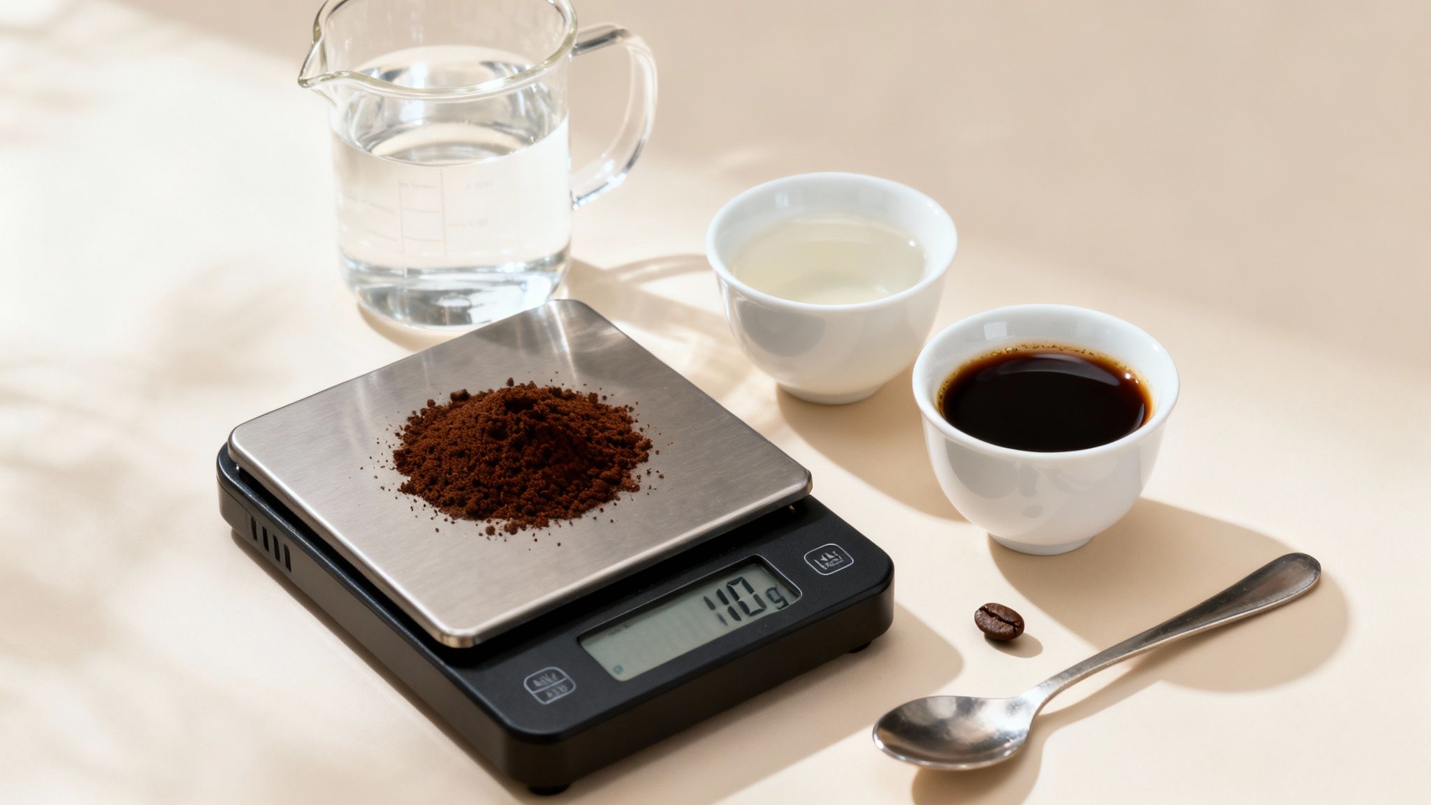 Coffee grounds on a digital scale showing 110g, with water, brewed coffee, and a bean.