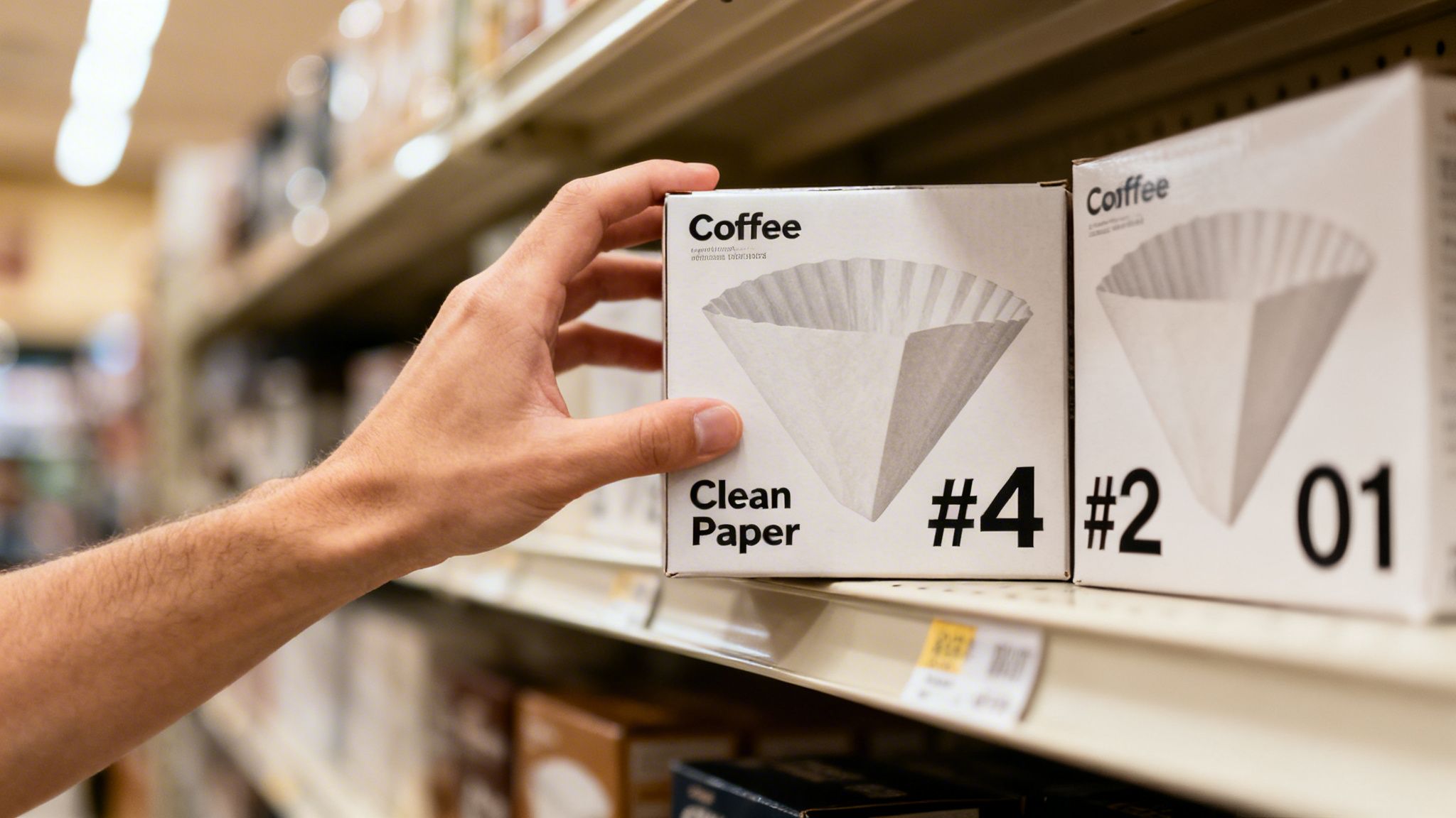 A hand reaches for a white box of #4 coffee filters on a brightly lit grocery store shelf.
