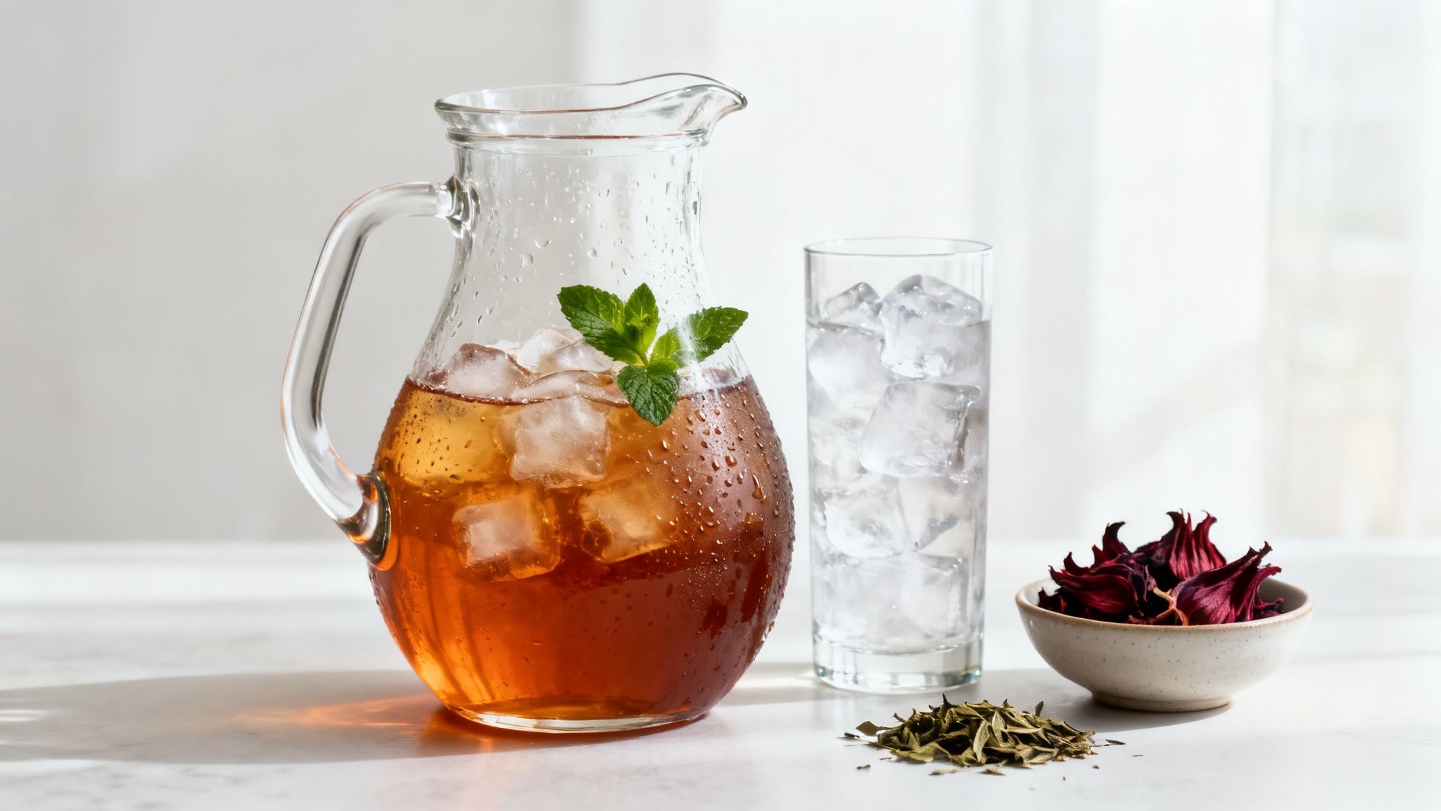 A refreshing pitcher of iced tea with mint, alongside a glass of ice, loose-leaf tea, and dried hibiscus.