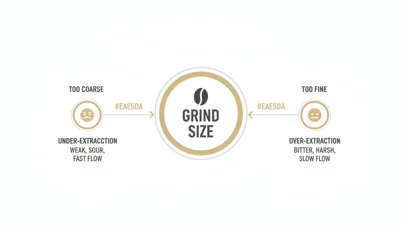 Diagram illustrating the impact of coffee grind size on under-extraction (weak, sour) and over-extraction (bitter, harsh).
