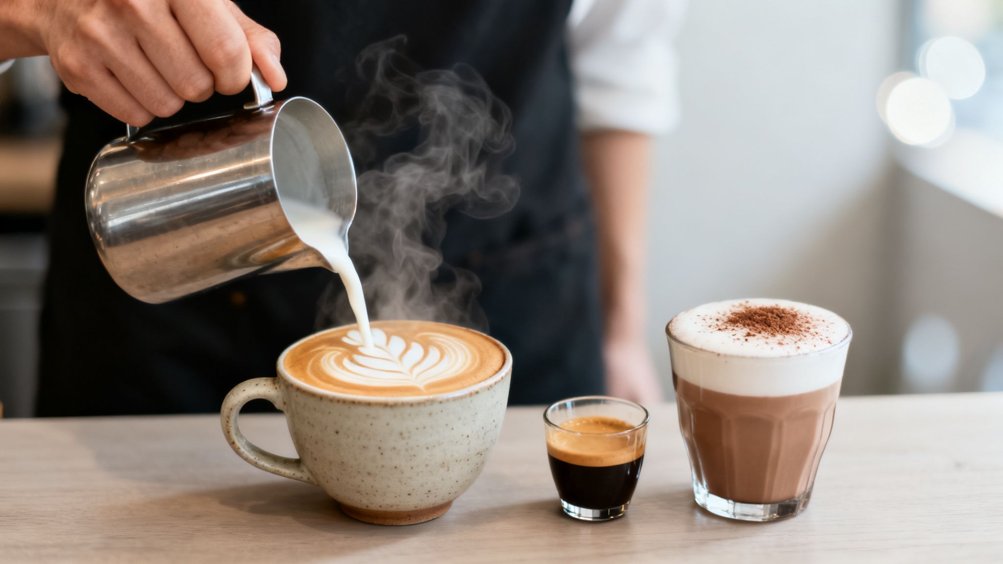 A barista pours steamed milk into a coffee cup, creating latte art, with other coffee drinks on a counter.