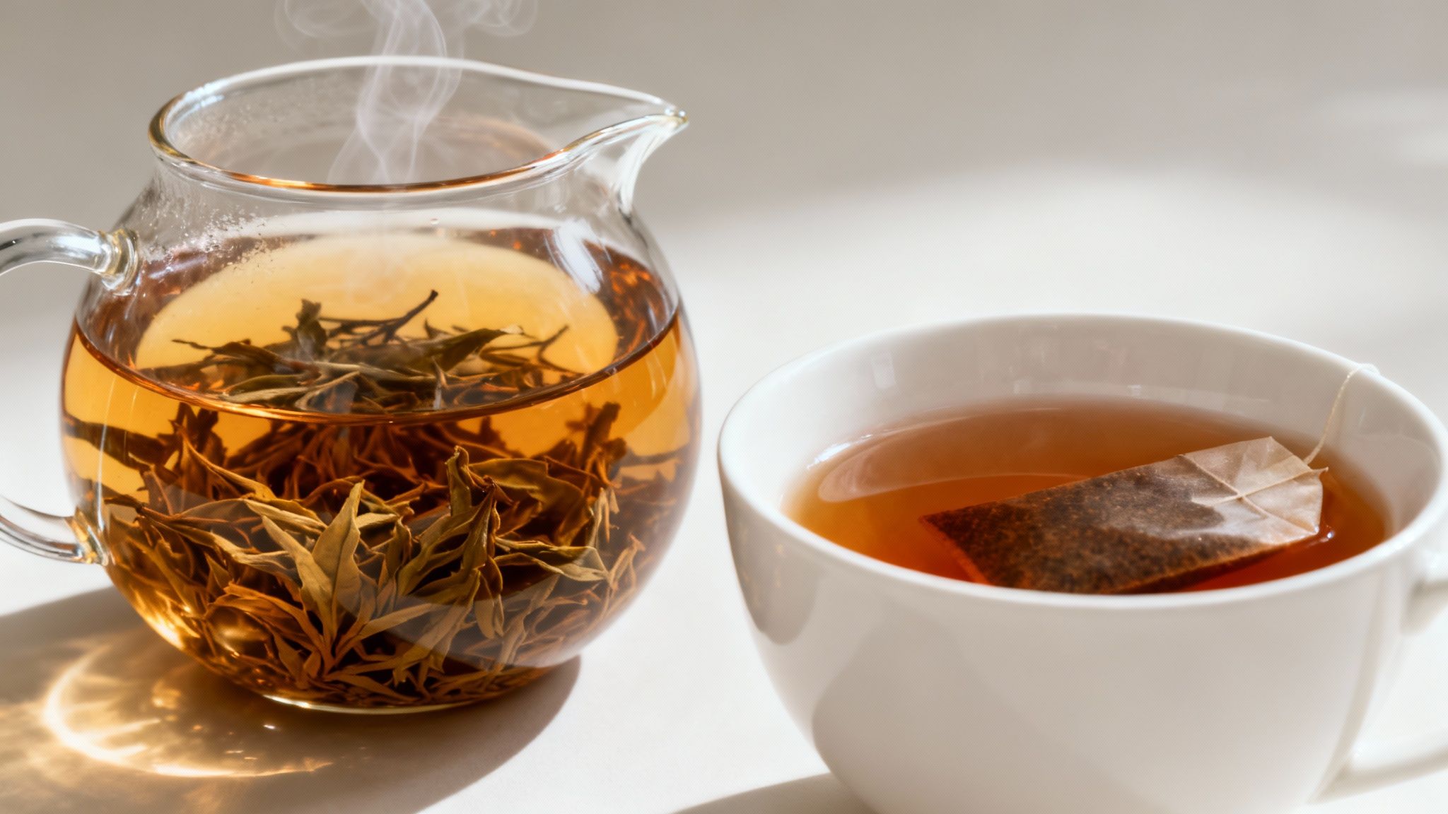 Steaming loose leaf tea in a glass pot next to a white mug with a tea bag.