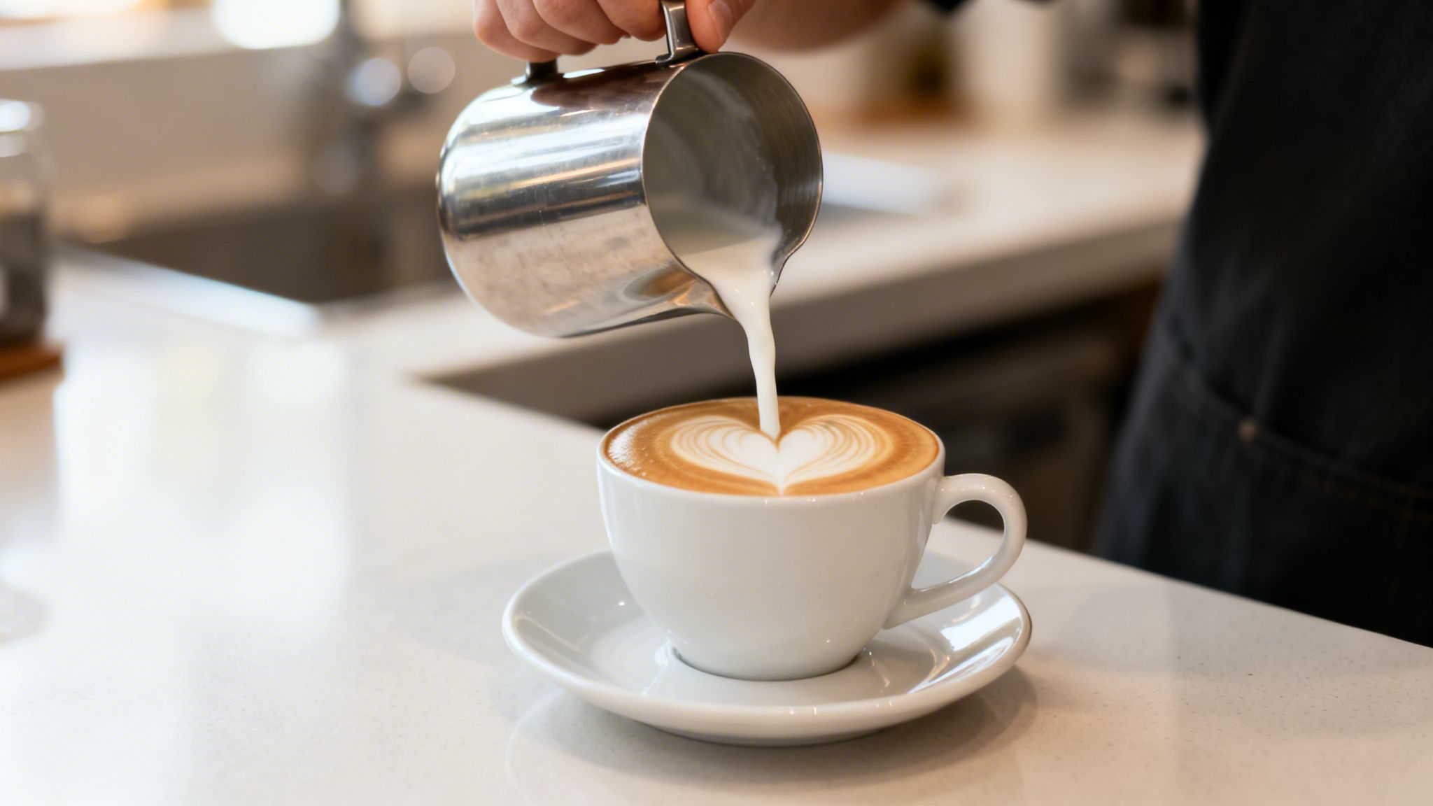 A barista's hand pours steamed milk into a white coffee cup, creating heart latte art.