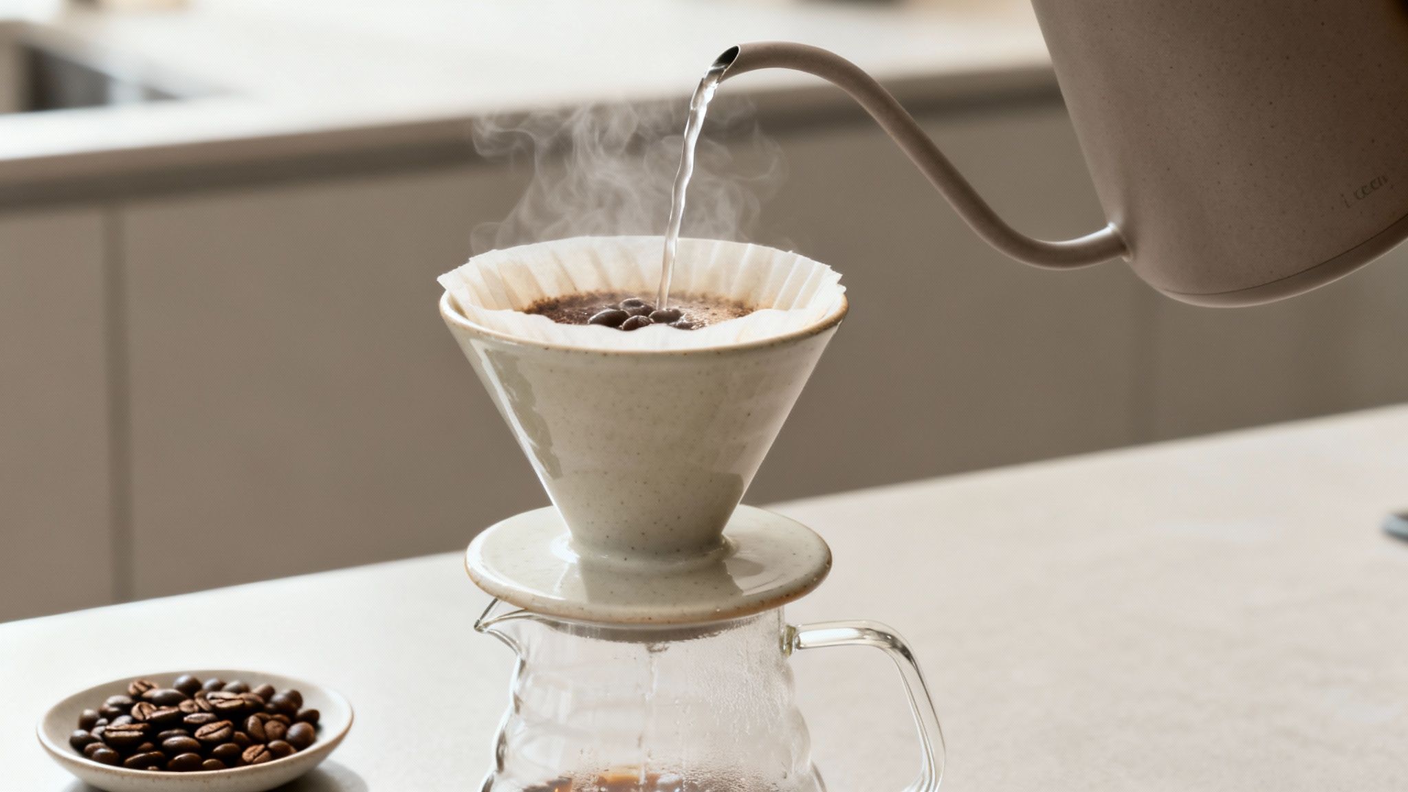 Hot water is poured from a gooseneck kettle into a ceramic coffee dripper with grounds and beans.