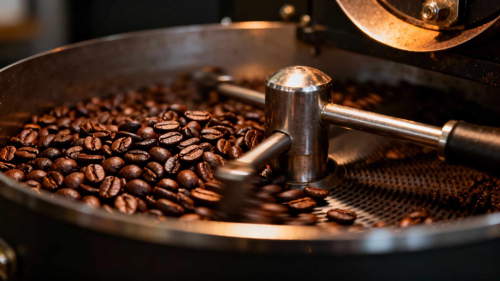 Close-up of dark roasted coffee beans tumbling in a metal coffee roasting machine.