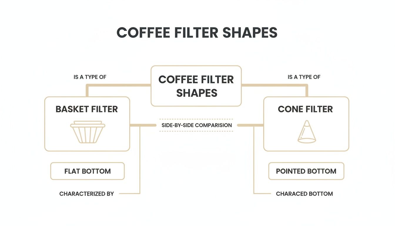 Diagram comparing coffee filter shapes: basket filter with flat bottom and cone filter with pointed bottom.