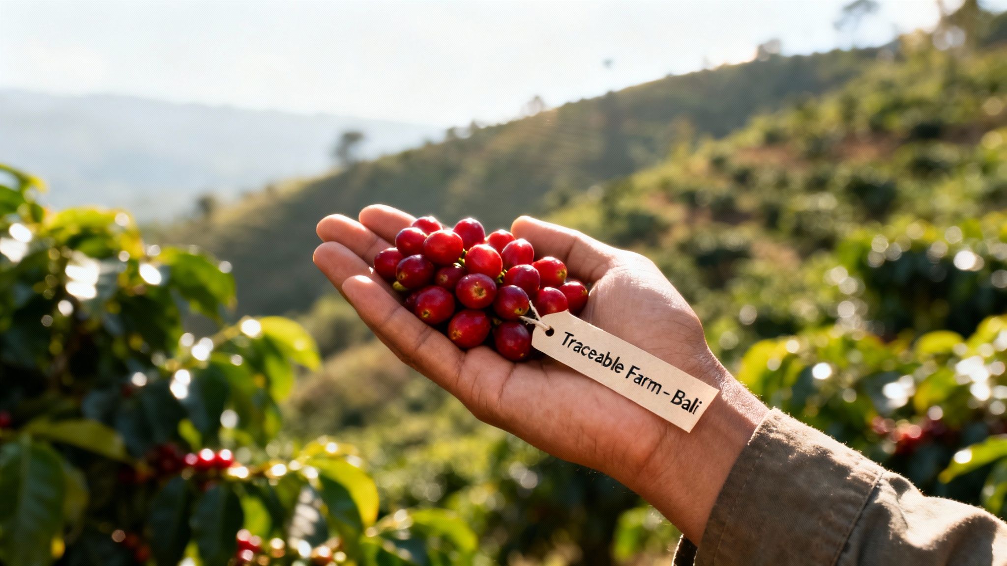 A hand holds red coffee cherries with a 'Traceable Farm - Bali' tag on a coffee plantation.