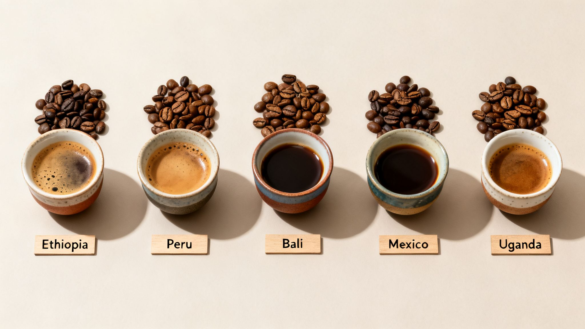Five coffee varieties from Ethiopia, Peru, Bali, Mexico, and Uganda, with beans and brewed coffee.
