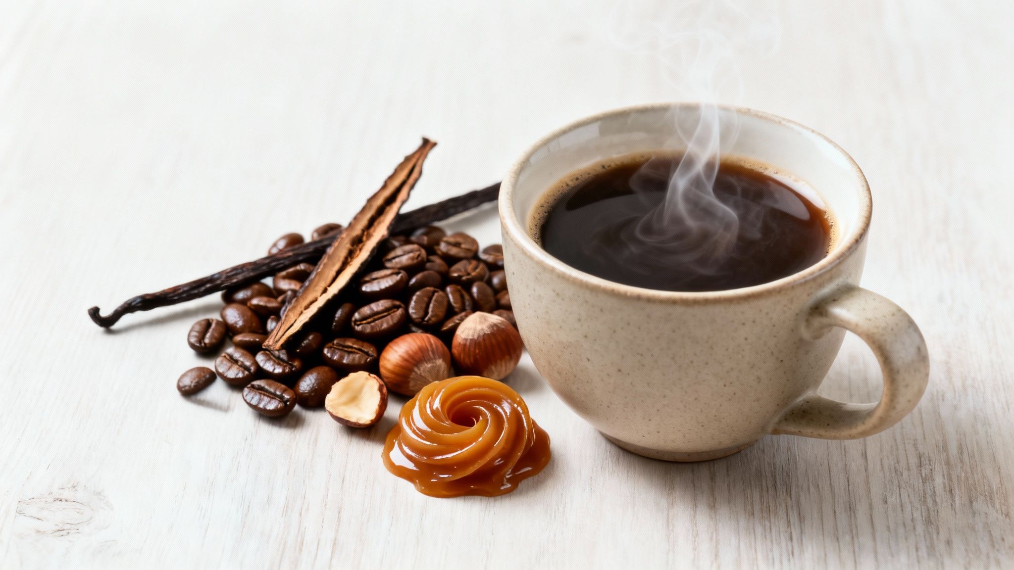 A steaming cup of coffee next to coffee beans, vanilla pods, hazelnuts, and a caramel swirl on a light wooden surface.