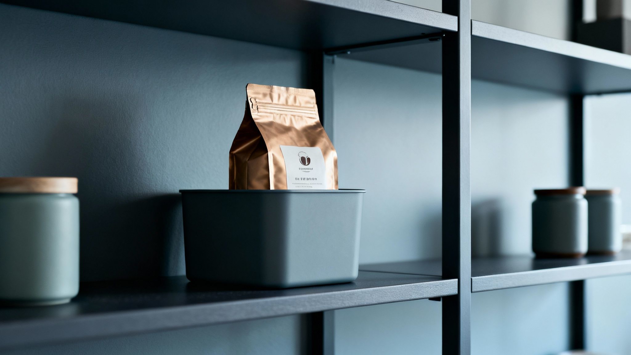 A gold coffee bean bag in a gray container sits on a dark shelf next to light green jars.
