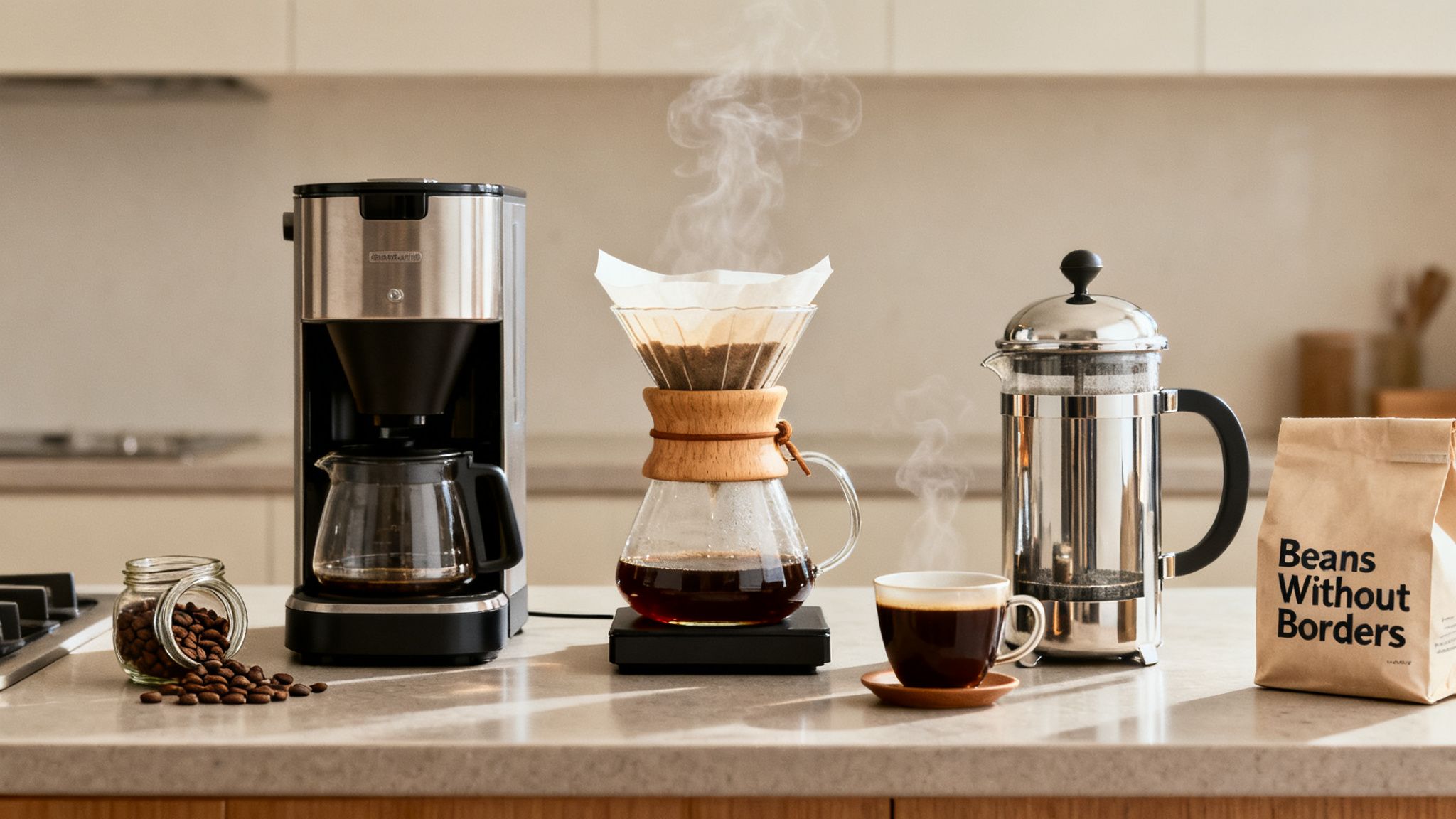 Various coffee brewing methods, including drip, pour-over, and French press, with fresh beans.