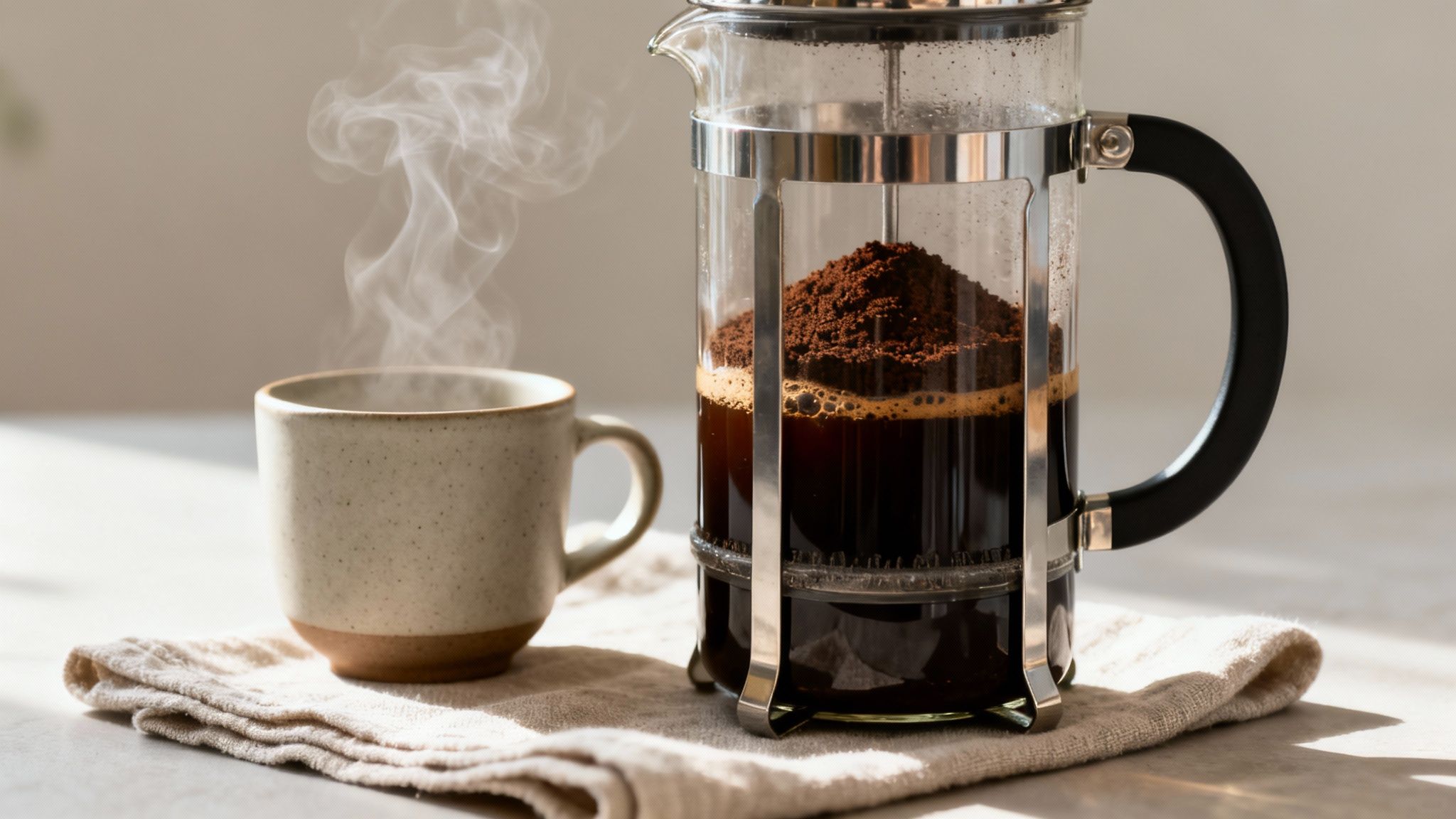 A steaming coffee cup next to a French press with coffee grounds and dark liquid.