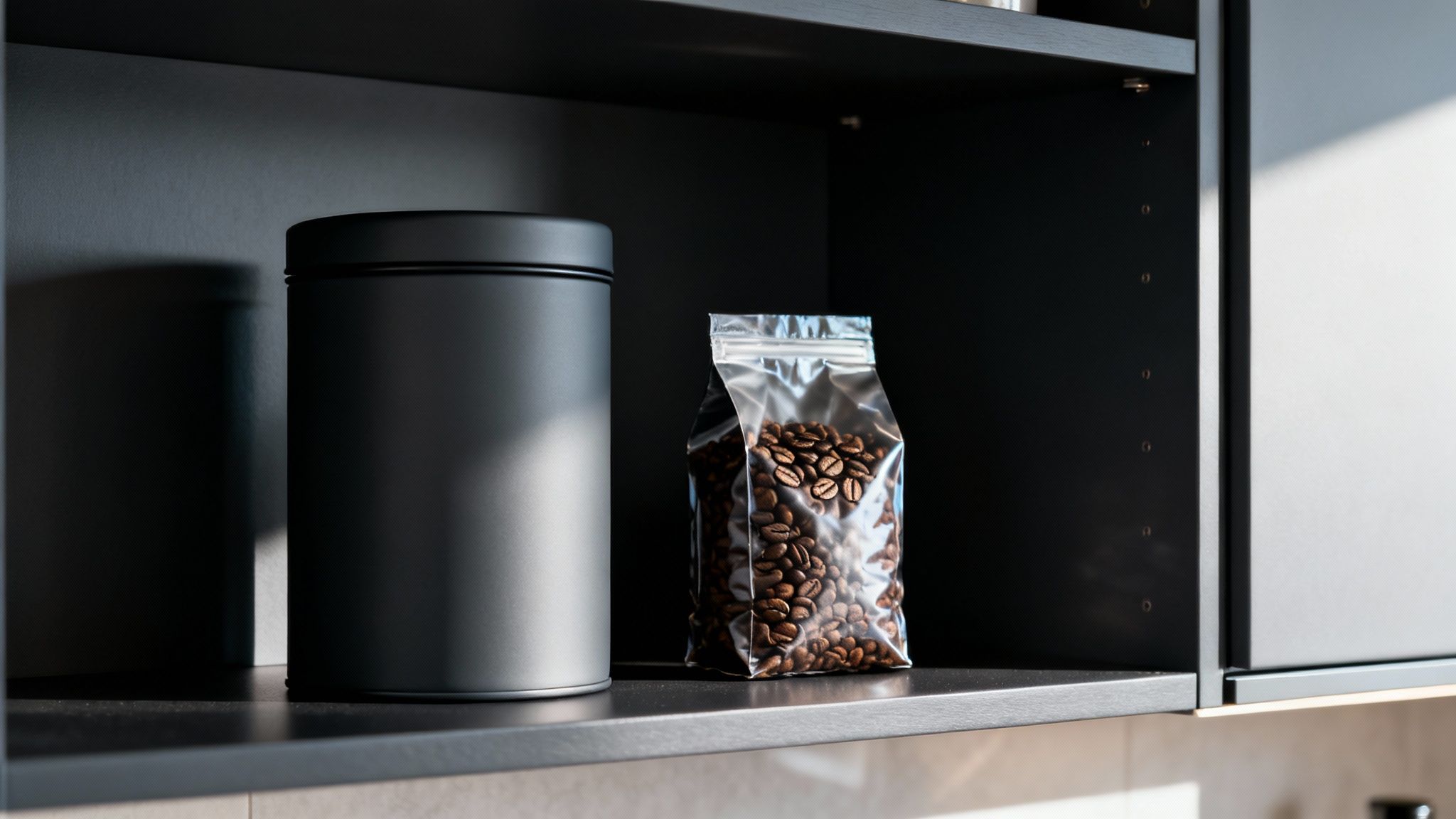 A sleek black coffee canister next to a transparent bag of roasted coffee beans on a dark shelf.