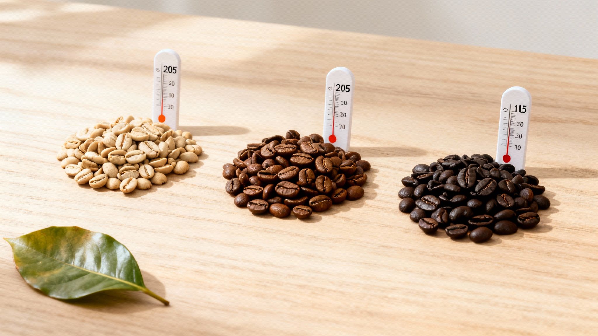 Green, medium, and dark roasted coffee beans with small thermometers on a wooden table.