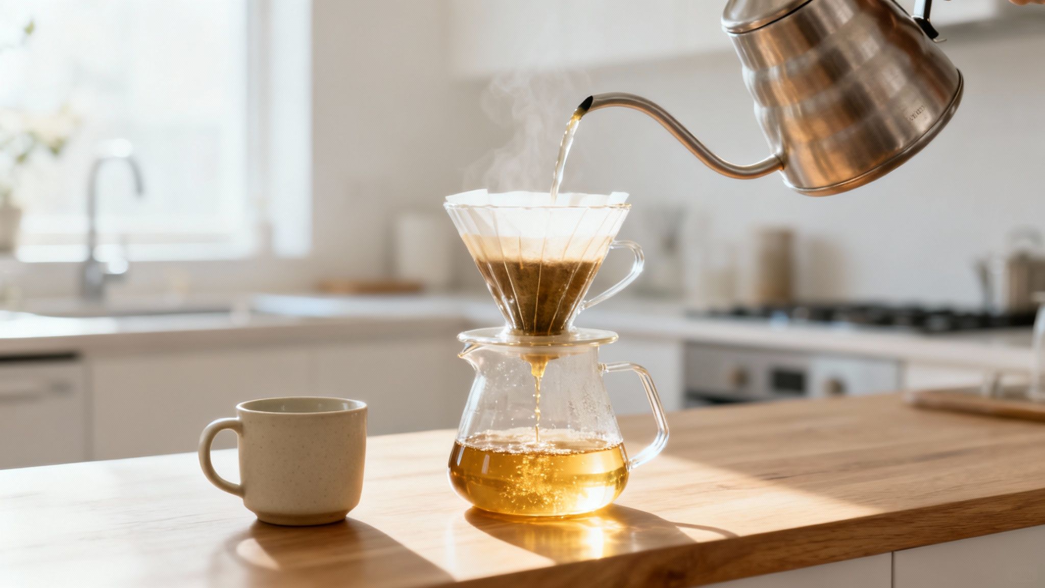 Hot water being poured from a kettle into a pour-over coffee maker on a wooden kitchen counter.