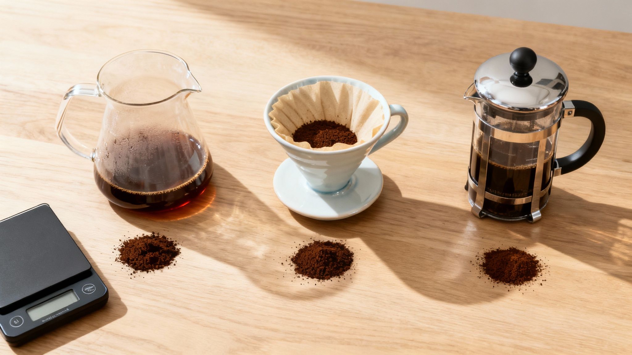 A coffee brewing setup with a scale, pour-over, French press, and piles of ground coffee on a wooden table.