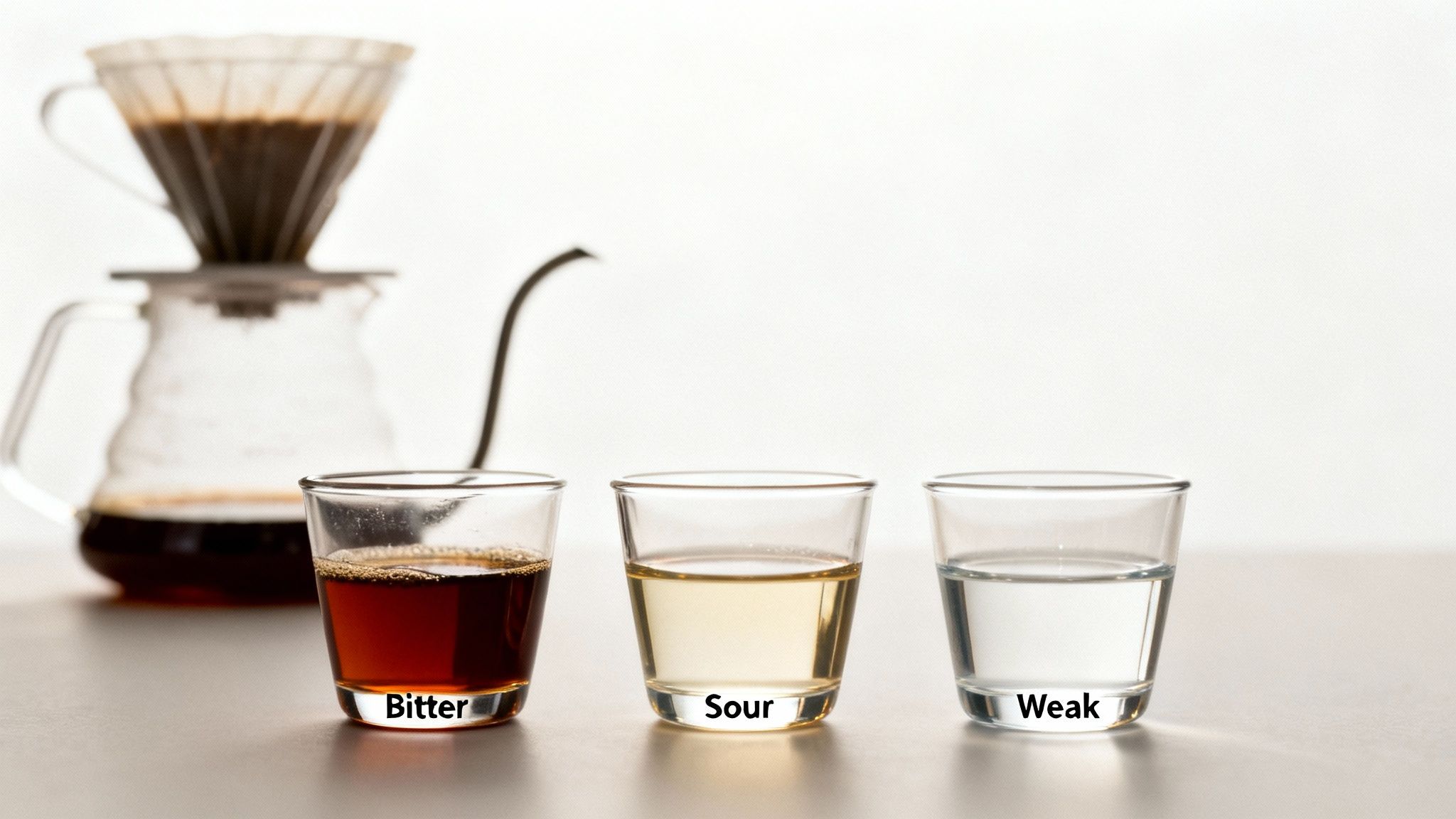 Three glasses labeled Bitter, Sour, and Weak illustrate pour-over coffee flavor profiles next to brewing equipment.