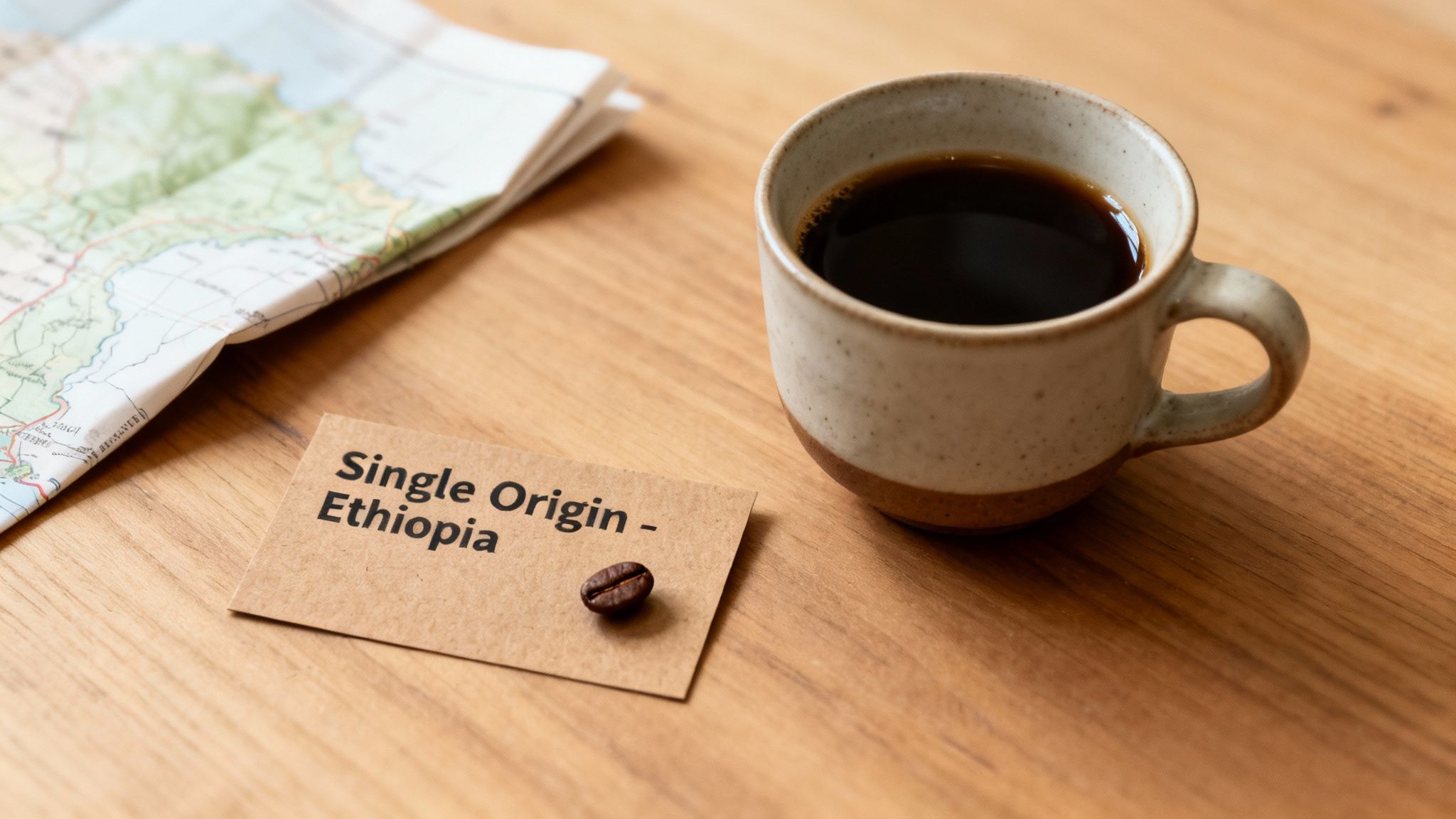A cup of single origin Ethiopian coffee, a roasted bean, and a map on a wooden table.