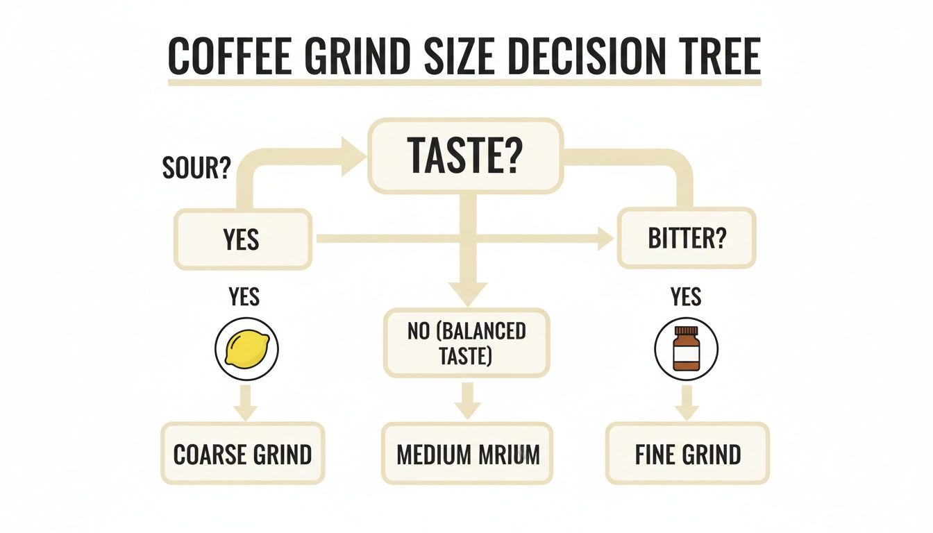 Decision tree for coffee grind size: sour implies coarse, balanced implies medium, bitter implies fine.
