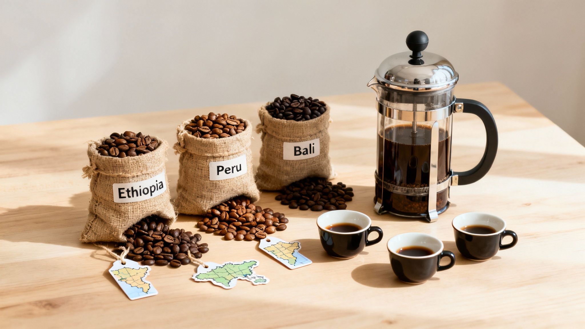 Coffee beans from Ethiopia, Peru, and Bali with a French press and espresso cups on a wooden table.